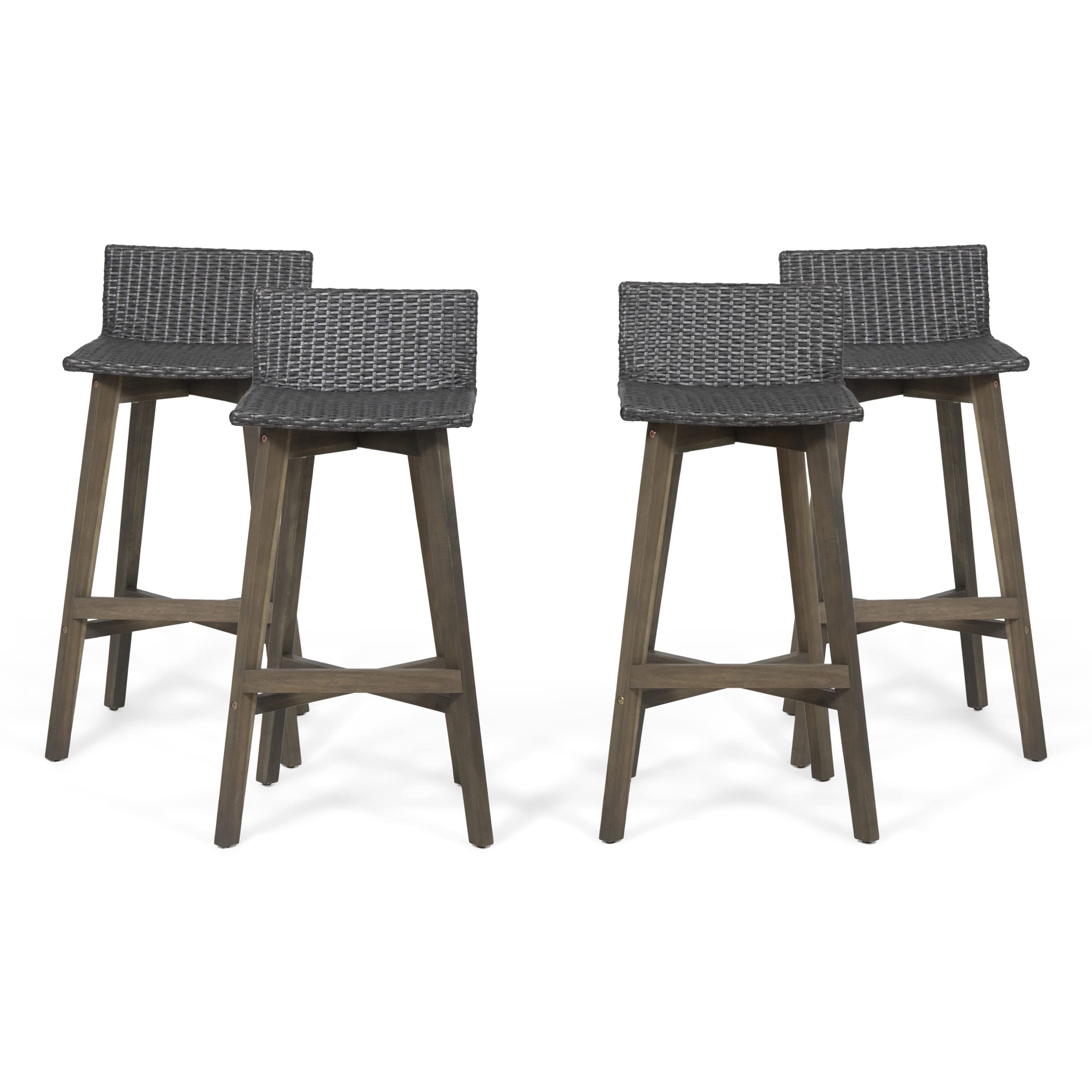 GDFStudio 4-Piece Gray Outdoor Wood & Wicker Bar Stools Set - Weather-Resistant Patio, Poolside & Garden Furniture for Backyard, Deck & Outdoor Dining