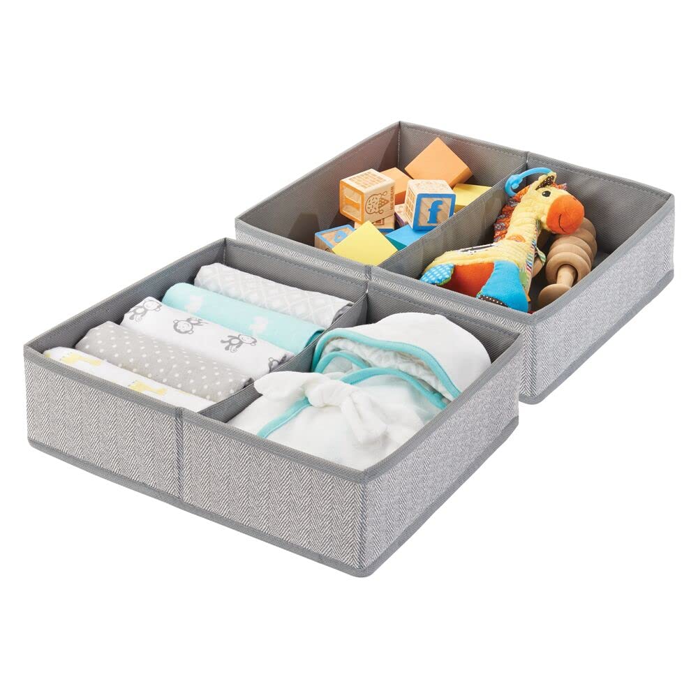 mDesign Soft Fabric Dresser Drawer Organizer & Closet Storage Bin - 2-Section Divided Tray for Kids Room, Nursery, Playroom - Herringbone Pattern, Gray (2-Pack) - Perfect for Organizing Baby Clothes, Toys & Accessories
