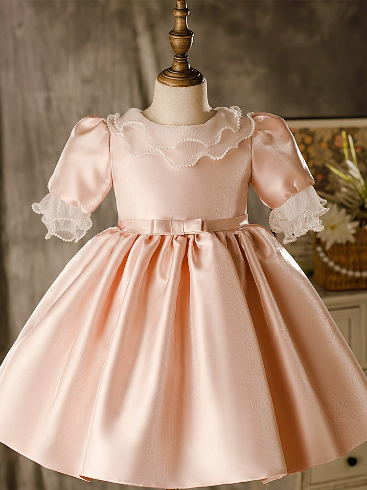 Pink Princess Round Tea Length Satin Flower Girl Dress - Perfect for Weddings, Birthday Parties & Special Occasions