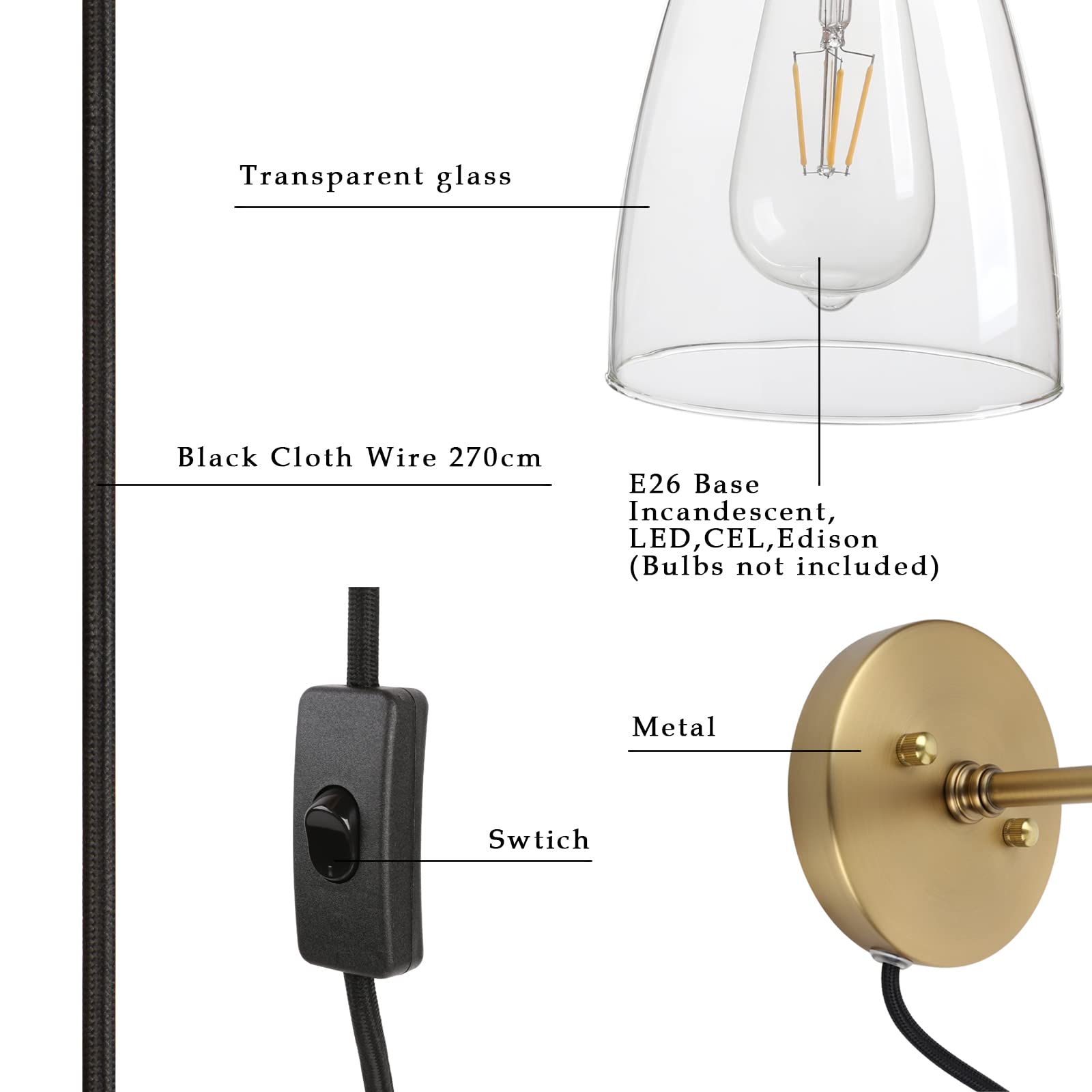 Phansthy Plug-in Wall Sconce with Switch - Antique Bronze Wall Lamp with 5.5 Inch Glass Shade for Bedroom, Living Room & Hallway Lighting
