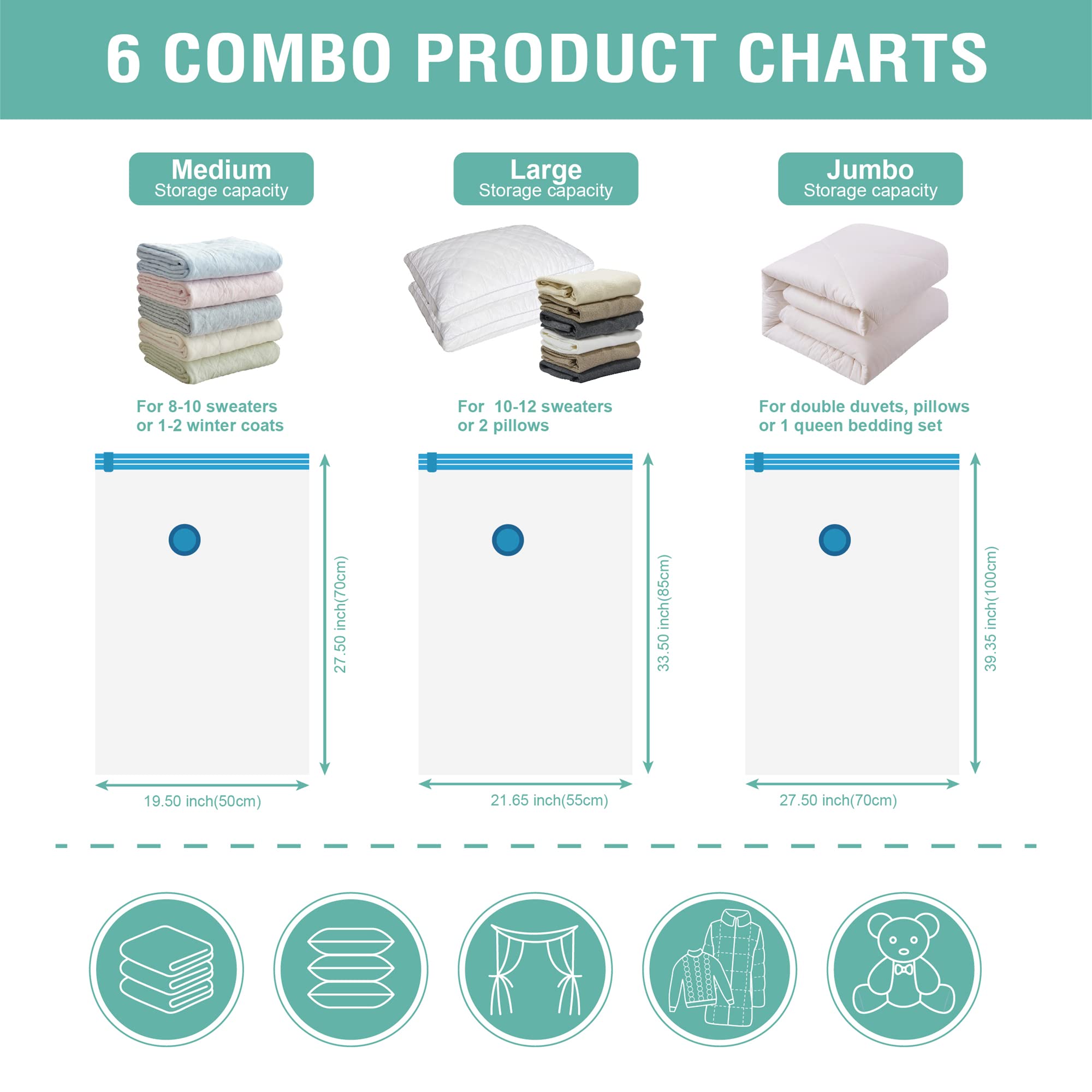6 Pack Vacuum Storage Bags with Hand Pump - Space Saving Compression Bags (2 Jumbo/2 Large/2 Medium) for Comforters, Blankets & Clothes Storage | Ideal for Travel, Seasonal Organizing & Home Decluttering