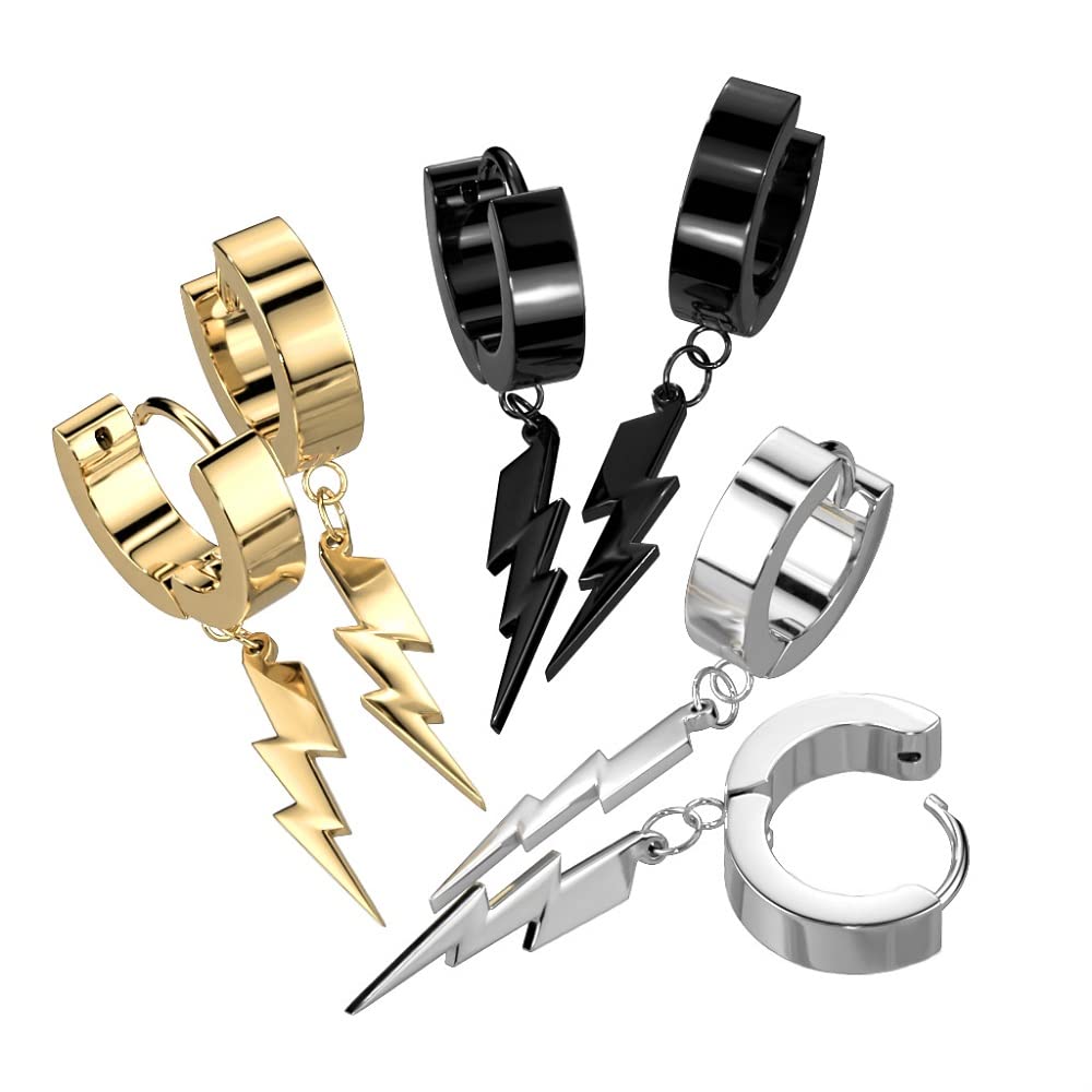 316L Stainless Steel Lightning Bolt Dangling Huggie Hinged Hoop Earrings for Women - Hypoallergenic & Tarnish-Free Pair - Perfect for Everyday Wear, Parties & Gifts