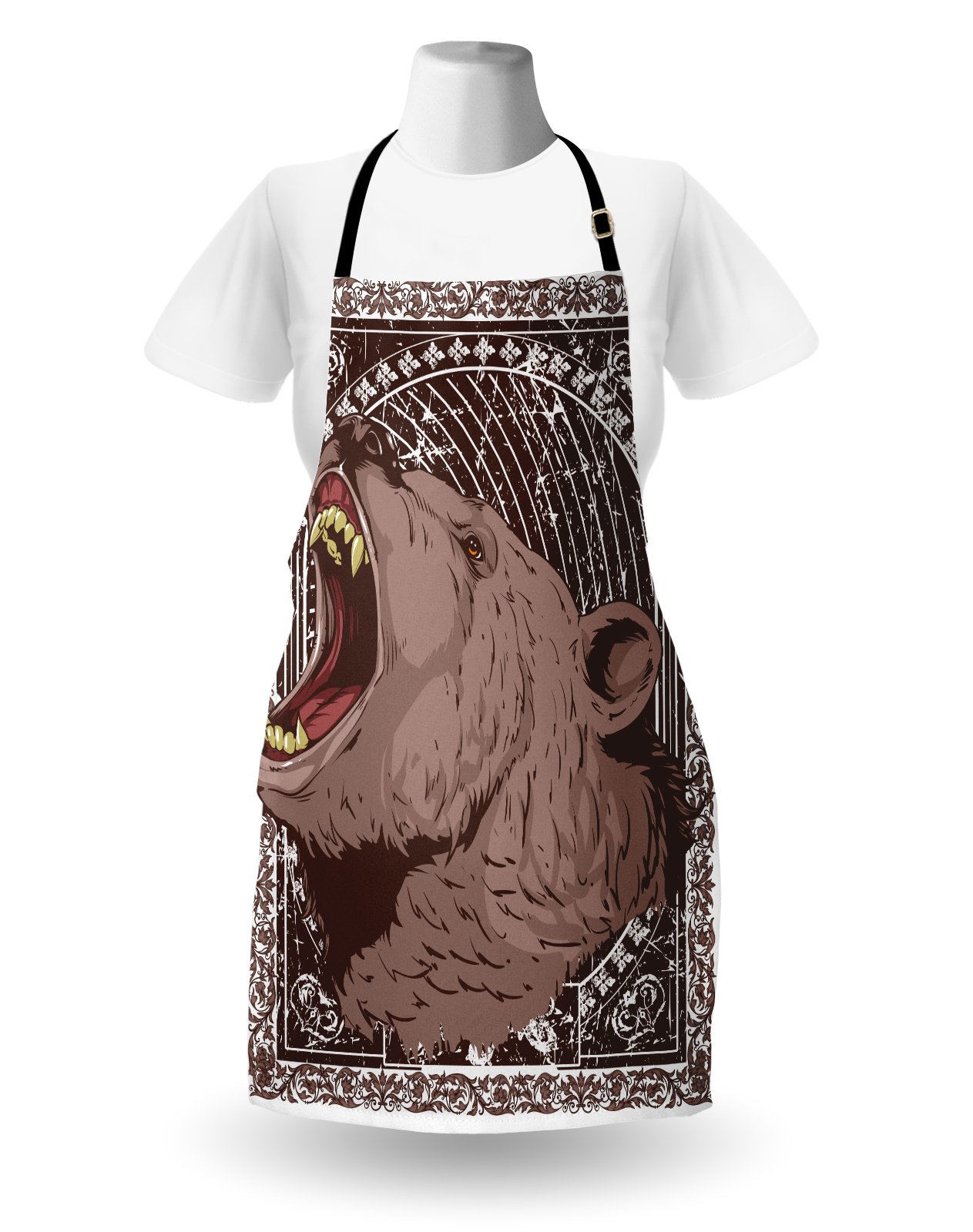 Ambesonne Animal Print Apron - Grizzly Bear Head Design with Sharp Teeth - Adjustable Neck Unisex Kitchen Bib for Cooking, Baking & Grilling - Perfect for BBQ, Gardening & Outdoor Activities - Adult Size White & Brown Apron