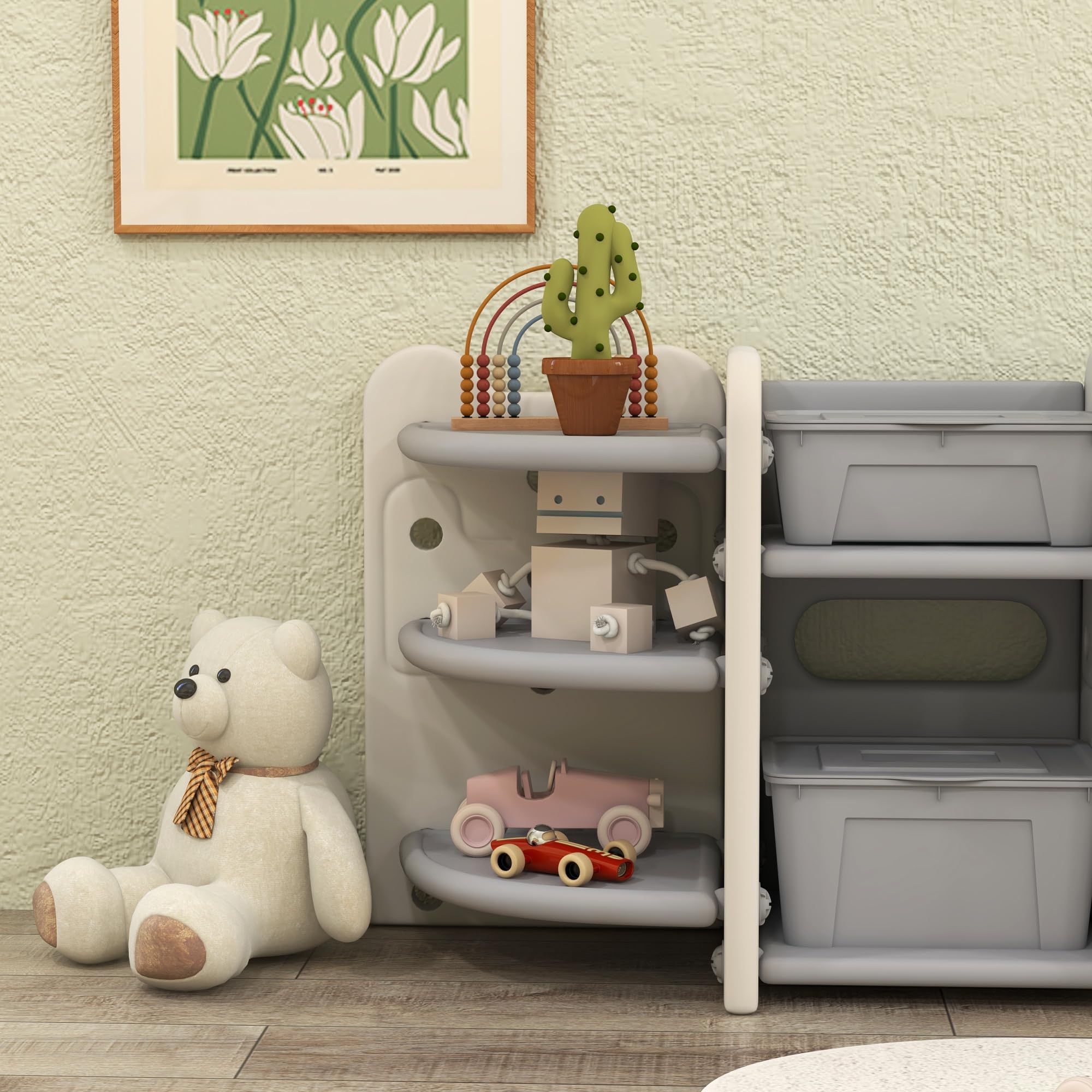 Qaba 4-Bin Toy Storage Organizer with Bookshelves & Racks - Kids Room, Nursery & Playroom Organization - Cream White Toy Box for Easy Cleanup & Child Development