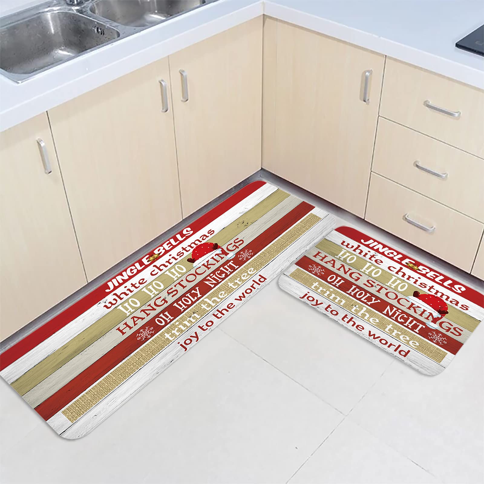 Christmas Red Hat Snowflake Quote Non-Slip Kitchen Mats Set of 2 - Absorbent Floor Rugs for Bathroom, Living Room & Entryway - Vintage Wooden Design Comfort Standing Mats for Holiday Home Decor