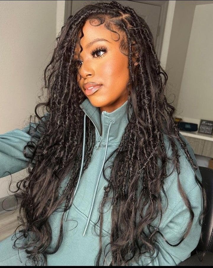 Pre-Looped Crochet Boho Faux Locs with Human Hair - 26 Inch Body Wave Curls & Curly Ends Box Braids - 2 Pack (48 Strands) for Protective Hairstyles & Boho Chic Looks