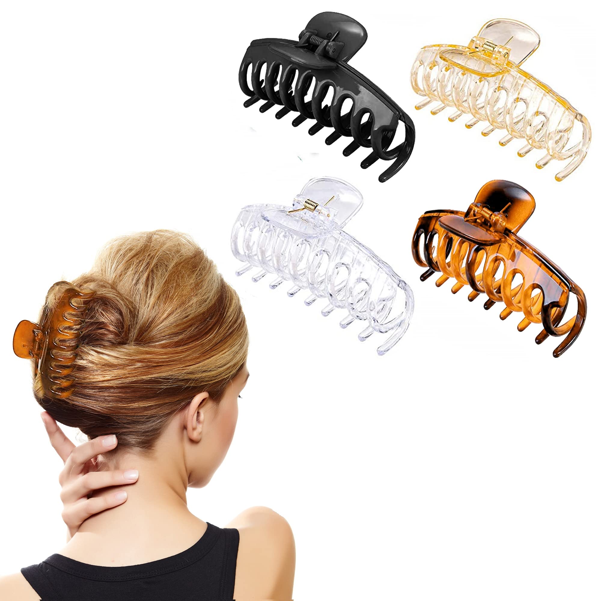 Ciana 4-Pack Large Non-Slip Matte Hair Clips for Women & Girls - Double Claw Hair Clips for Thick Hair & Ponytails - Clear Color (Perfect for Work, Gym, School & Everyday Styling)