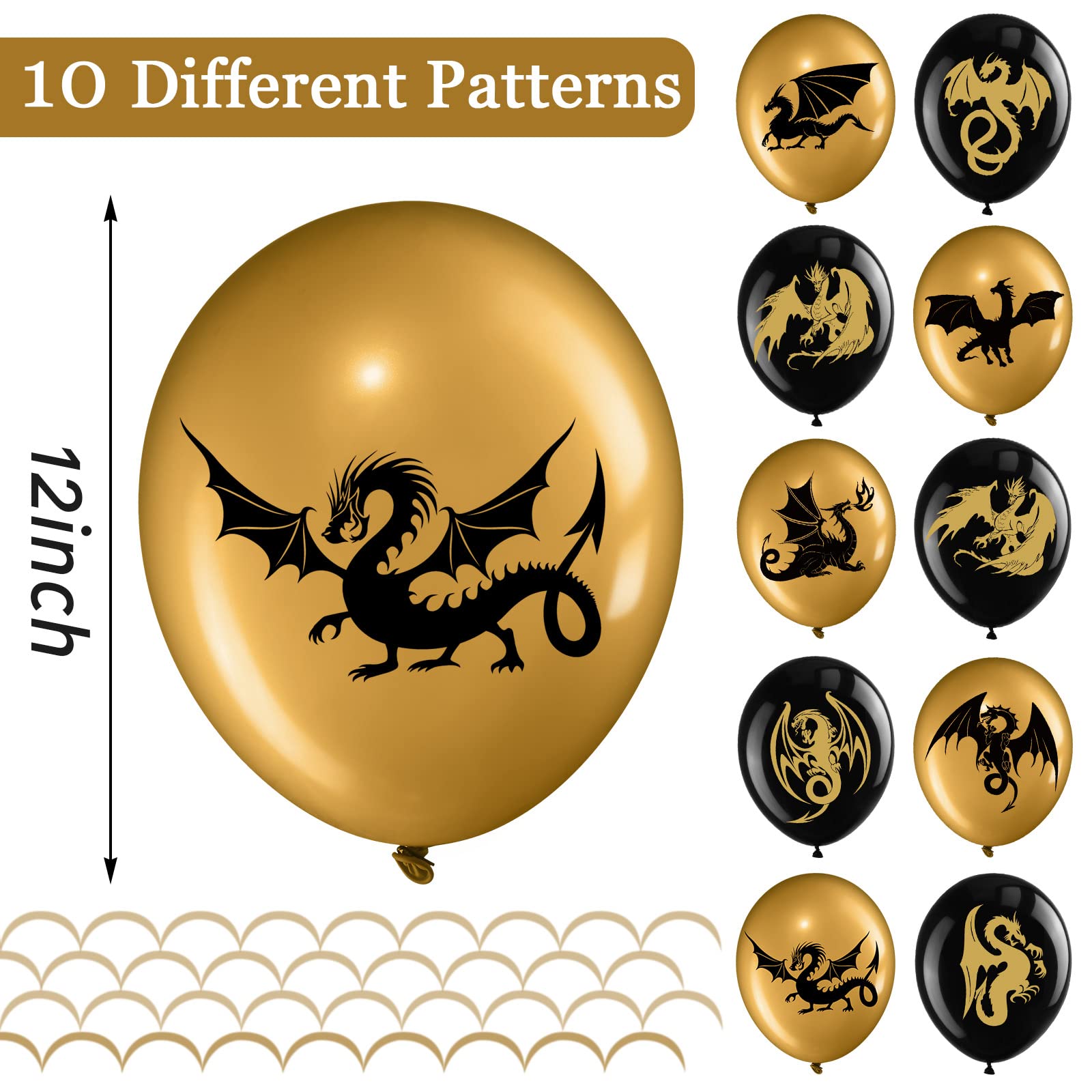 Zomiboo 50-Piece Dragon Theme Party Supplies Set - Black Gold Fantasy Birthday Decorations with 12-Inch Balloons for Medieval, D&D, and Fantasy Themed Parties