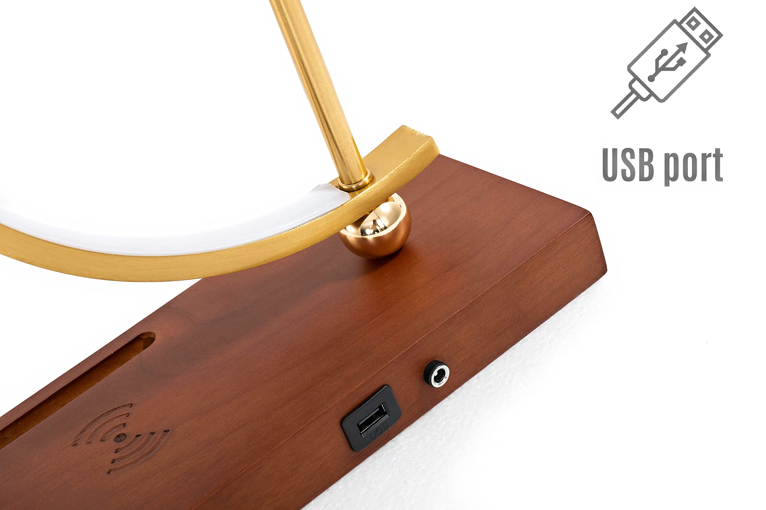 Flavio Russo Golden Time Decorative LED Desk Lamp with 12-Hour Clock, Qi Wireless Charger & USB Port - Perfect for Home Office, Bedroom Nightstand, and Gift Giving