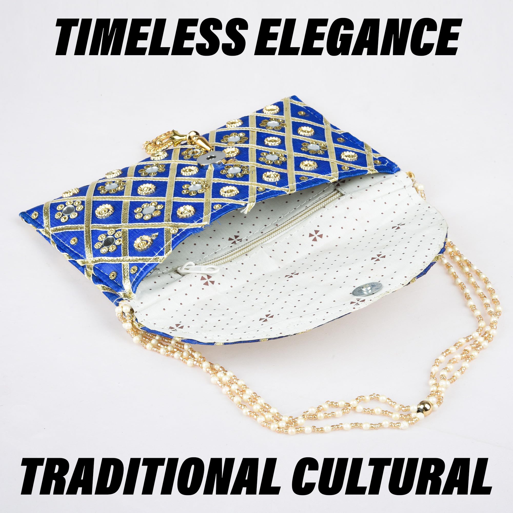Kuber Industries Women's Clutch Purse with Handle - Traditional Shagun & Baby Shower Gift Bag - Blue Mirror Check Design for Weddings, Parties & Special Occasions