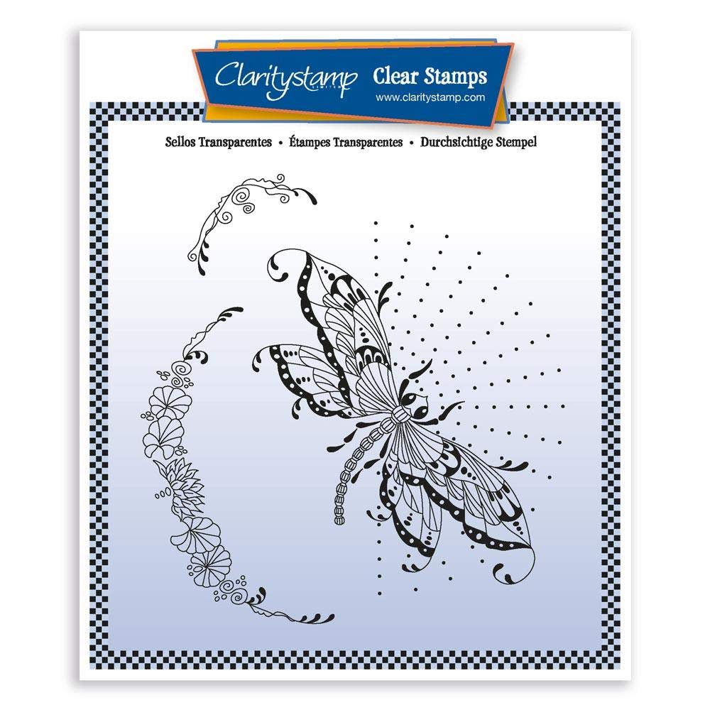 Clarity Stamps Cherry's Dragonfly & Pretty Flourish Unmounted Clear Stamp Set for Card Making, Scrapbooking & DIY Crafts