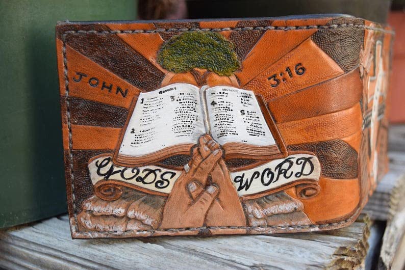 Handmade Christian Themed 3D Genuine Leather Bifold Wallet for Men - Custom Personalized Carved & Tooled Airbrush Art - Perfect Gift for Baptism, Weddings & Religious Occasions