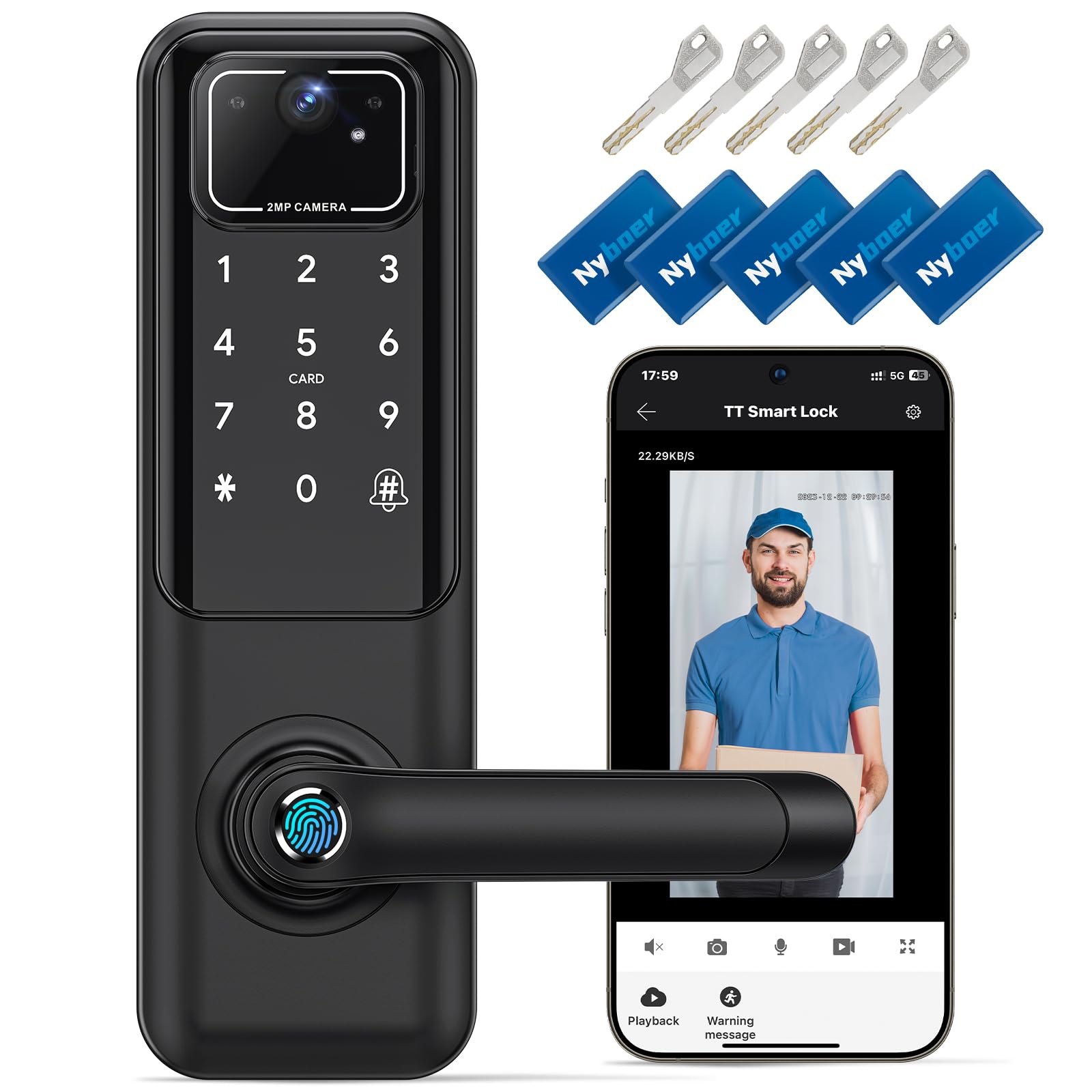 WiFi Smart Door Lock with Camera & Fingerprint - Keyless Entry Electronic Digital Lock with Keypad & Handle - Black H3 Pro for Front Door Security & Smart Home Automation