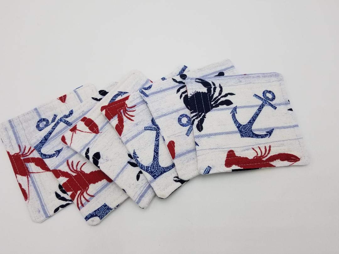 Premium Crab & Lobster Quilted Coasters Set of 6 - Absorbent Drink Coasters for Seafood Restaurants, Beach Houses & Coastal Home Decor