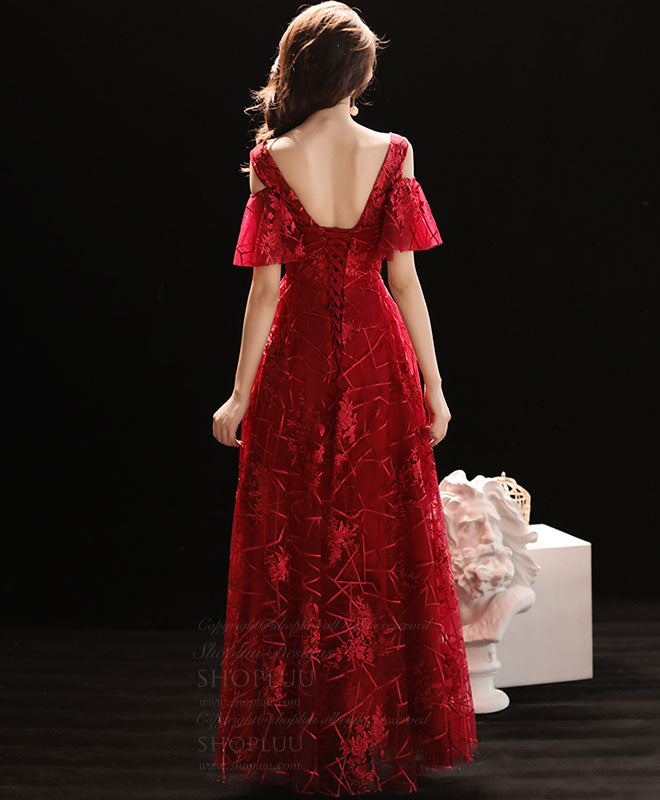 Elegant Burgundy V-Neck Lace Long Prom Dress | Formal Evening Gown for Homecoming, Wedding & Special Occasions