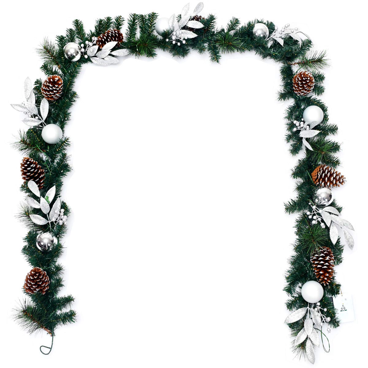Goplus 9FT Pre-lit Christmas Garland with 50 Warm White LED Lights & Timer - Pine Cones, Silver Balls & Faux Leaves for Holiday, Wedding, Party, Mantel & Staircase Decorations