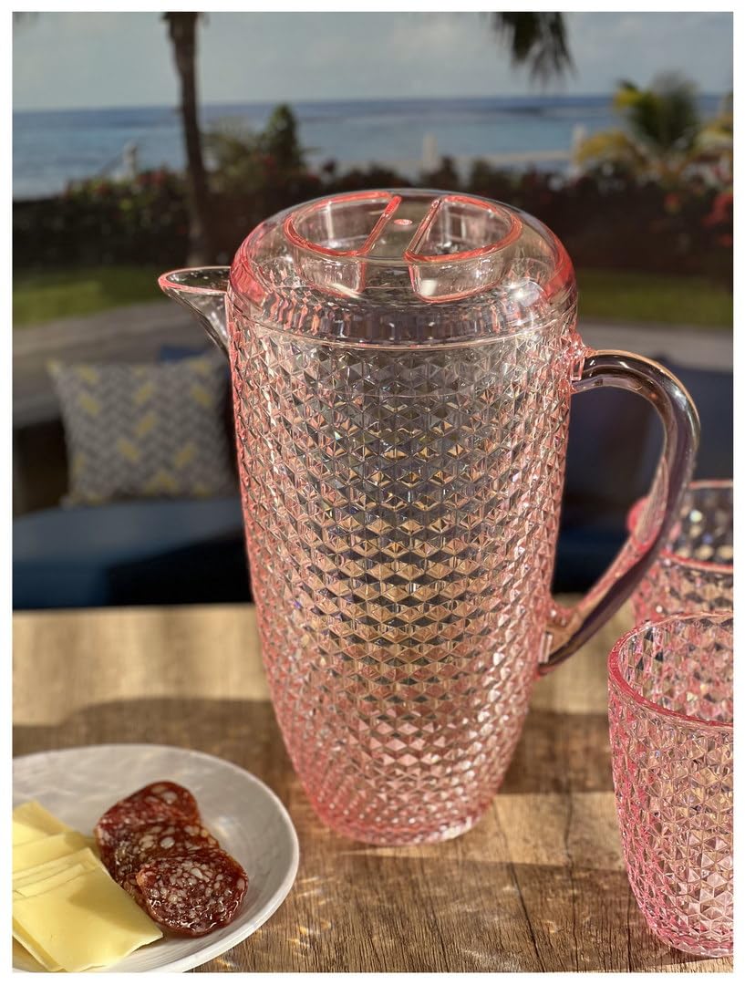Premium 2.5 Quart Water Pitcher with Lid - BPA Free Unbreakable Plastic Pitcher with Spout for Juice, Iced Tea & Lemonade - Diamond Cut Design for Refrigerator & Dining Table Use