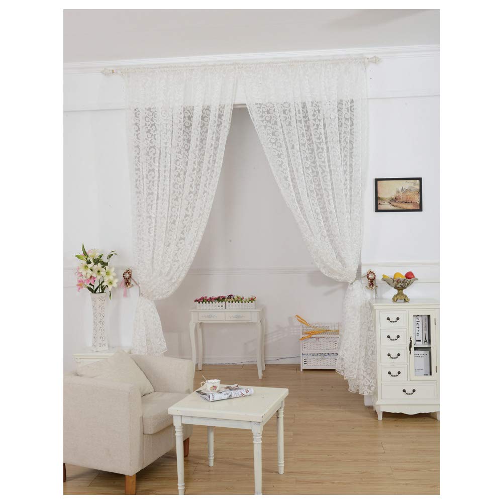 NAPEARL Elegant Jacquard Sheer Curtains 96 Inches Long - Light Filtering Voile Drapes with Pencil Pleat, Set of 2 Panels (52x96 Inch Each, White) for Living Room, Bedroom & Office Windows