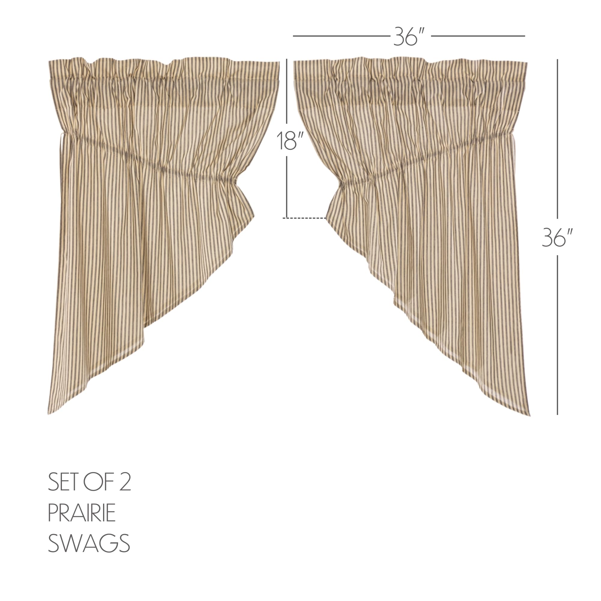 Sawyer Mill Charcoal Swag Set - Farmhouse Lined Curtains with Country Stripes, 36x36 Inches - Perfect for Kitchen Windows & Cozy Farmhouse Decor