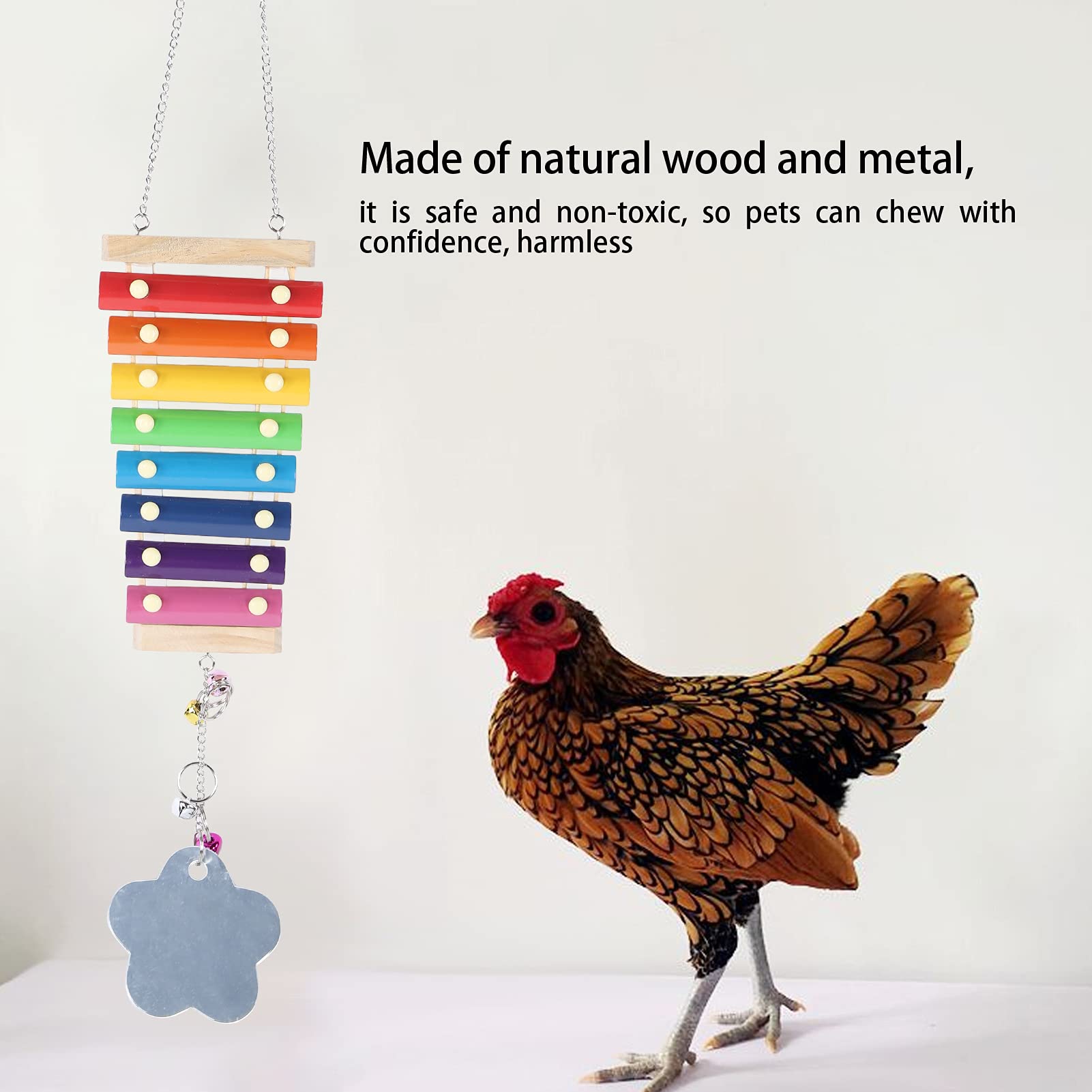 EVTSCAN Suspensible Wooden Xylophone Toy for Chickens - 8 Metal Keys Chicken Coop Pecking Toy with Grinding Stone - Fun Musical Enrichment Activity for Hens & Backyard Poultry Entertainment