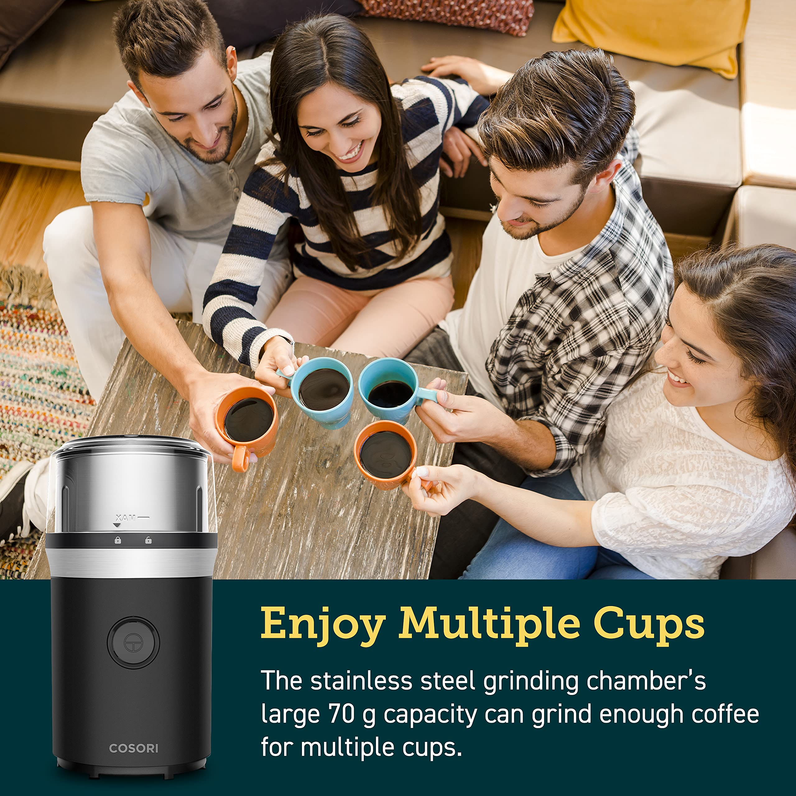 COSORI Electric Coffee Grinder for Spices, Seeds, Herbs & Coffee Beans - Stainless Steel Blades with 2 Removable Bowls - Wet & Dry Grinder for Espresso, Cooking & Baking - Perfect for Kitchen, Camping & Travel (Black)