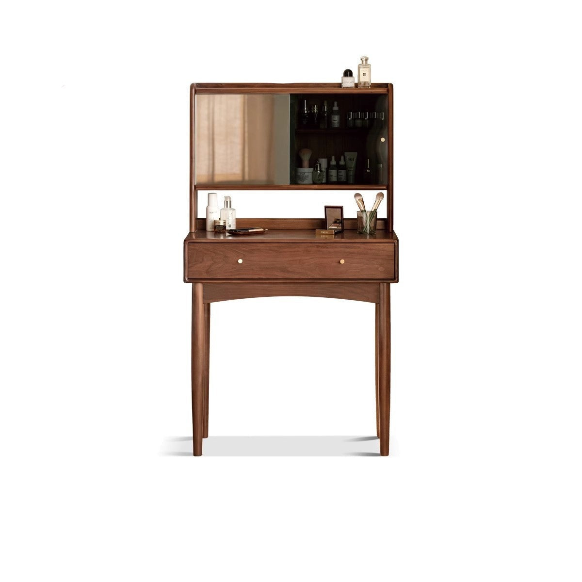 Solid Black Walnut Wood Mirror Dressing Table with Storage | Makeup Vanity Desk for Bedroom | Elegant Bedroom Furniture & Cosmetics Organizer