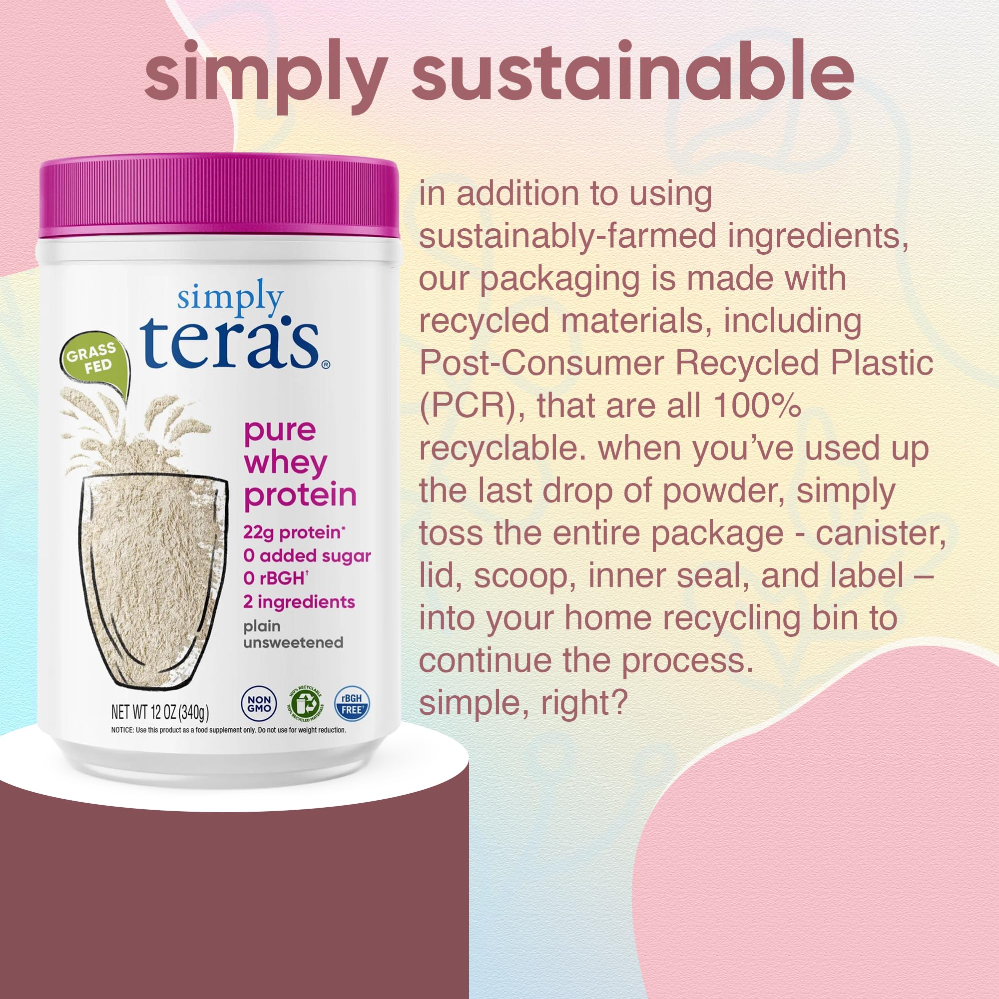 Simply Tera's Grass-Fed Pure Whey Protein Powder - Unflavored, Non-GMO, Kosher, Unsweetened Clean Protein Supplement (12 Oz) - Ideal for Post-Workout Recovery, Muscle Building & Healthy Lifestyle