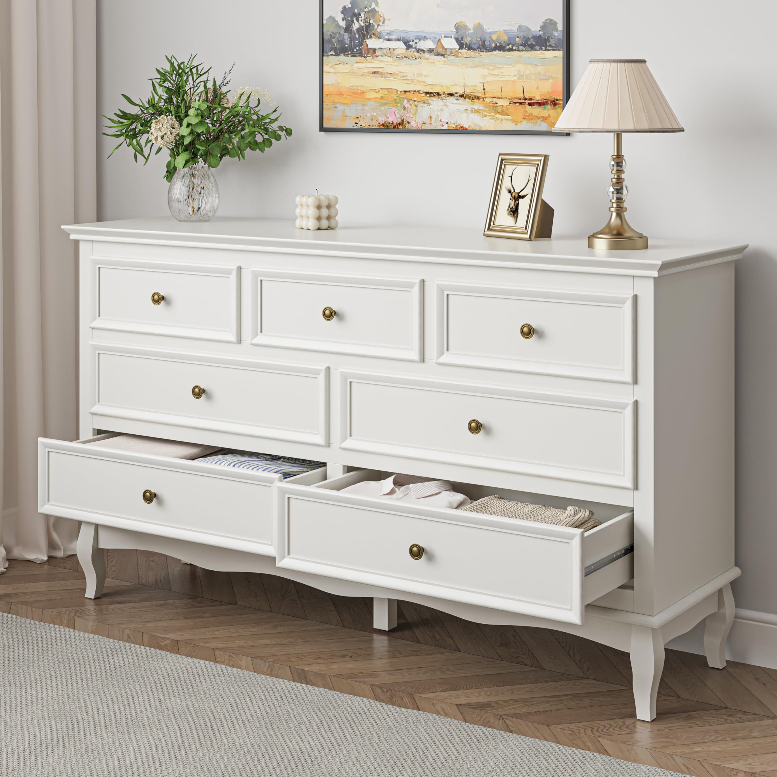 RoyalCraft White 7-Drawer Dresser for Bedroom - Modern Wooden Chest of Drawers with Solid Wood Legs & Painted Finish - Storage Cabinet Organizer for Clothes, Bedding, Accessories - Perfect for Bedroom, Living Room & Hallway Organization