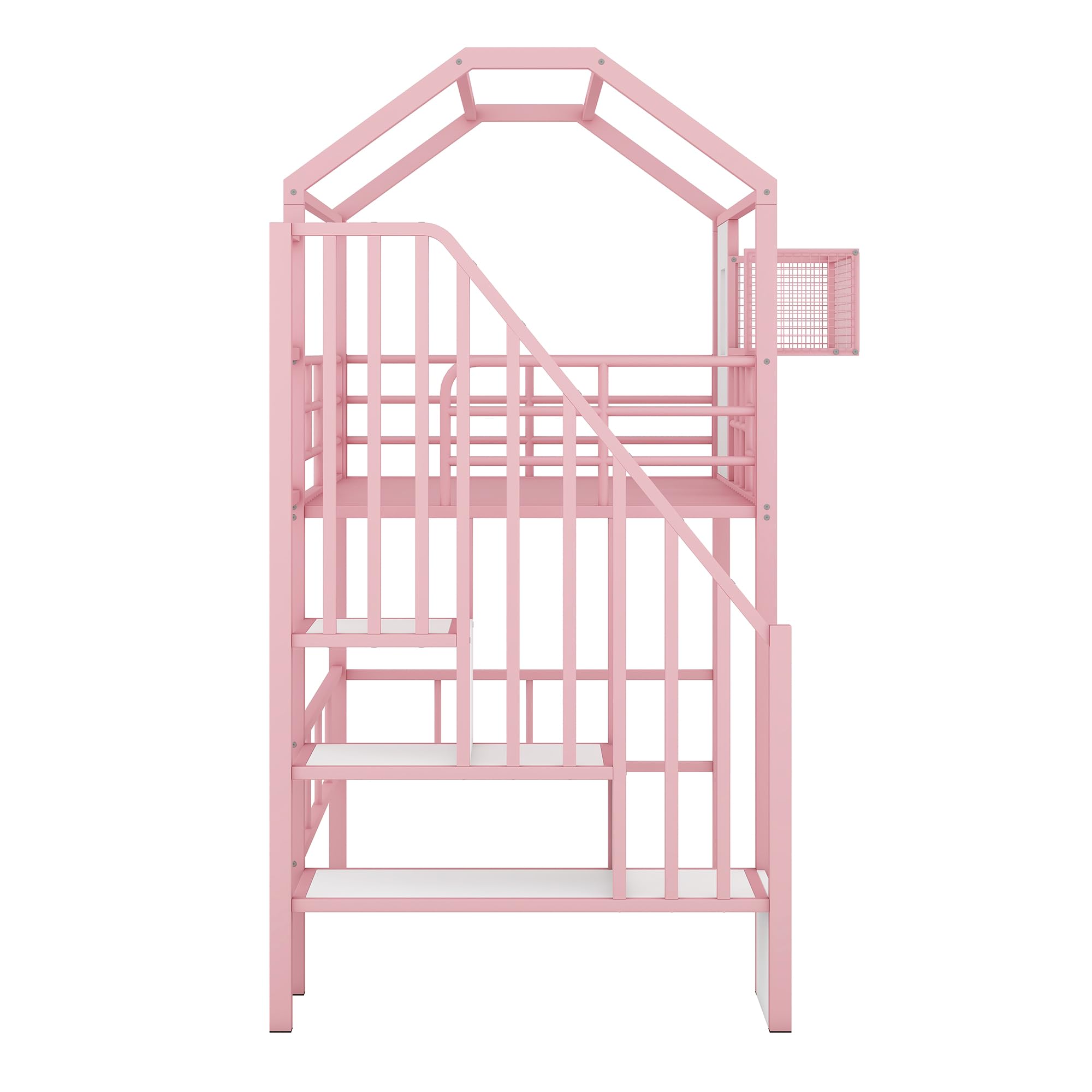 BOVZA Twin Size Loft Bed with Stairs, Roof & Storage - Metal Low Loft Bed Frame with Safety Guardrails for Kids & Teens - Pink & White - Perfect for Small Bedrooms, Dorm Rooms & Kids' Play Areas