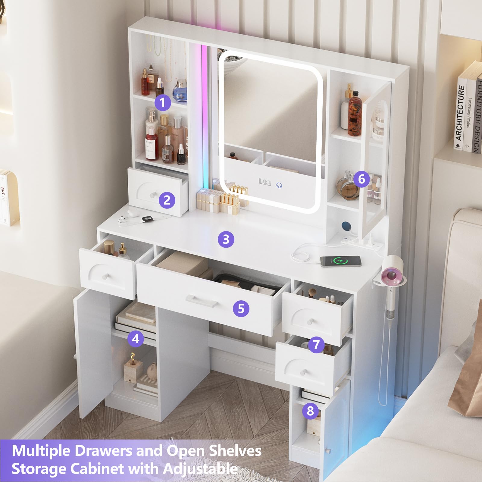 Fameill White Vanity Desk with LED Mirror & 5 Drawers - Makeup Table with RGB Lights & Storage for Bedroom