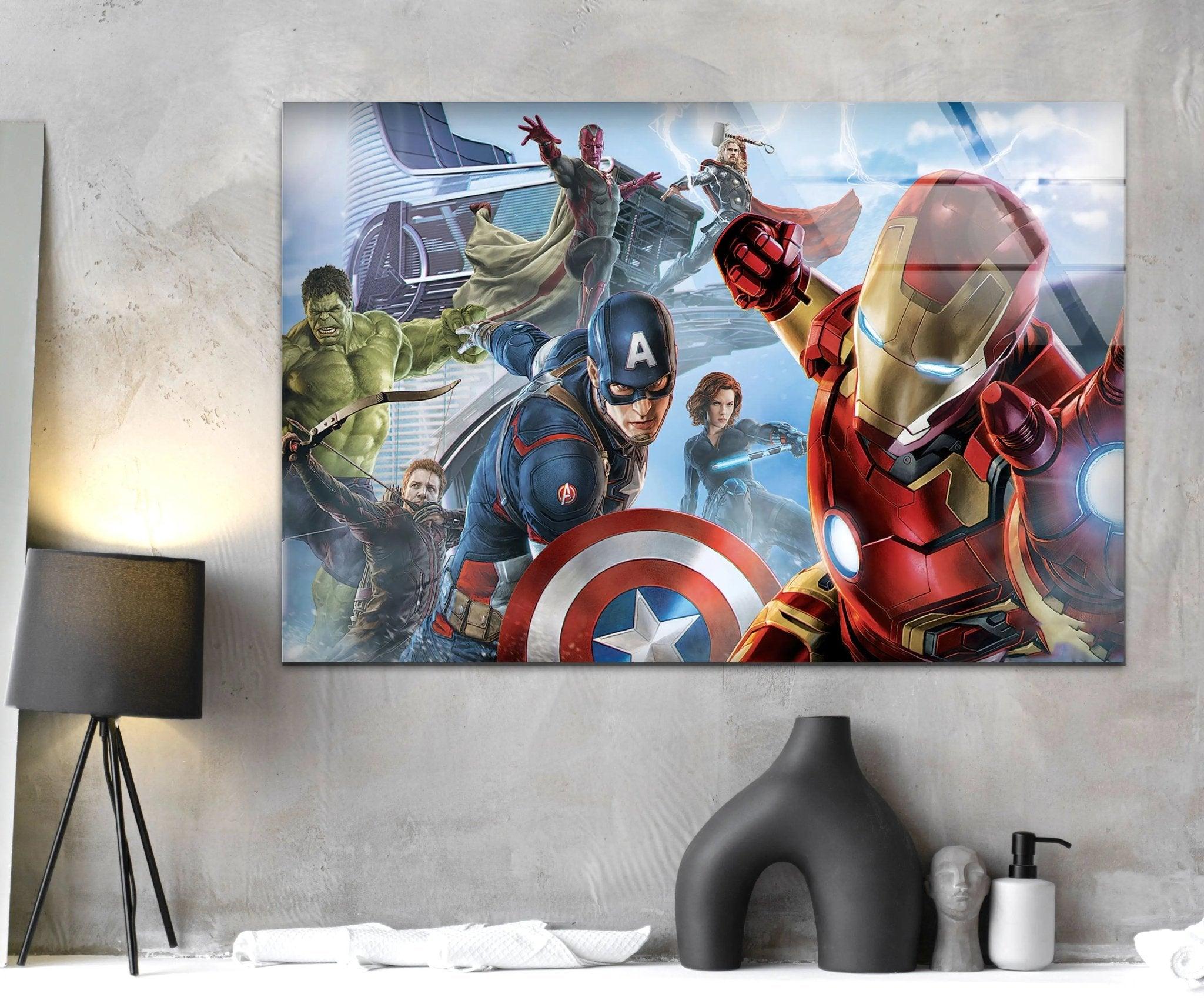 Marvel Avengers Superhero Glass Wall Art - Iron Man, Captain America, Hulk & Thor - Perfect for Home, Office & Game Room Decor