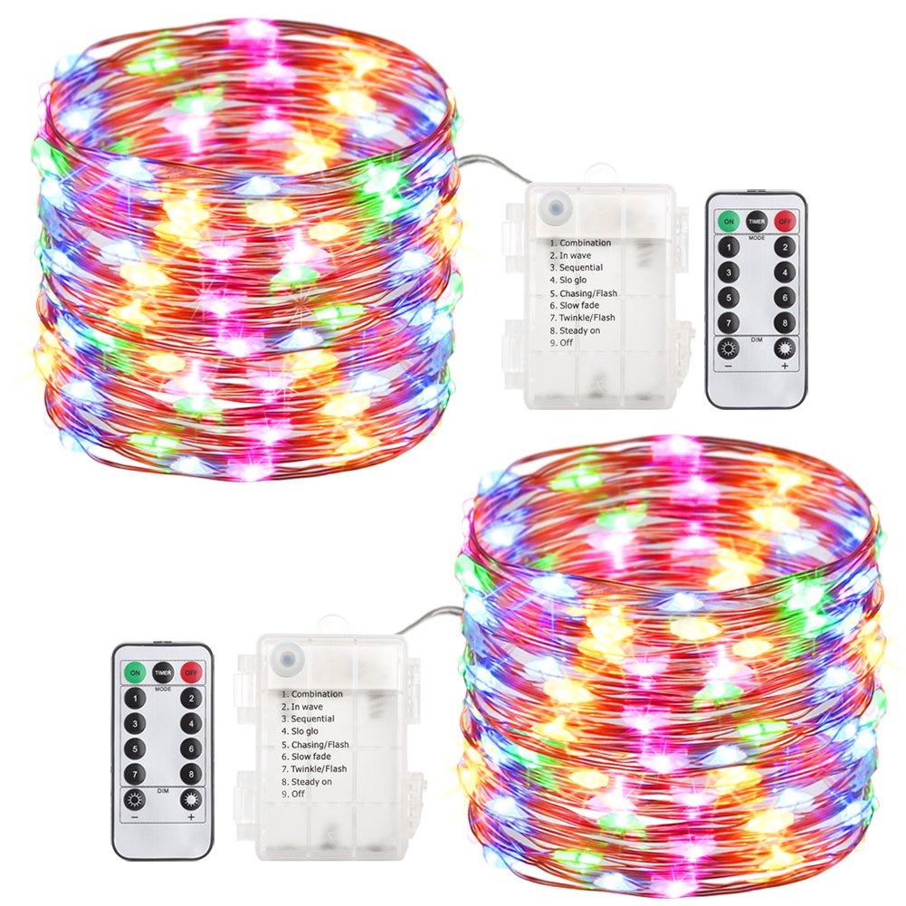 GDEALER 2 Pack LED Fairy Lights - 60 LED 20 Feet Battery Operated String Lights with Remote Control, 8 Color Changing Modes, Waterproof Copper Wire for Halloween, Christmas, Party, Wedding & Home Decoration - Multicolor Firefly Lights