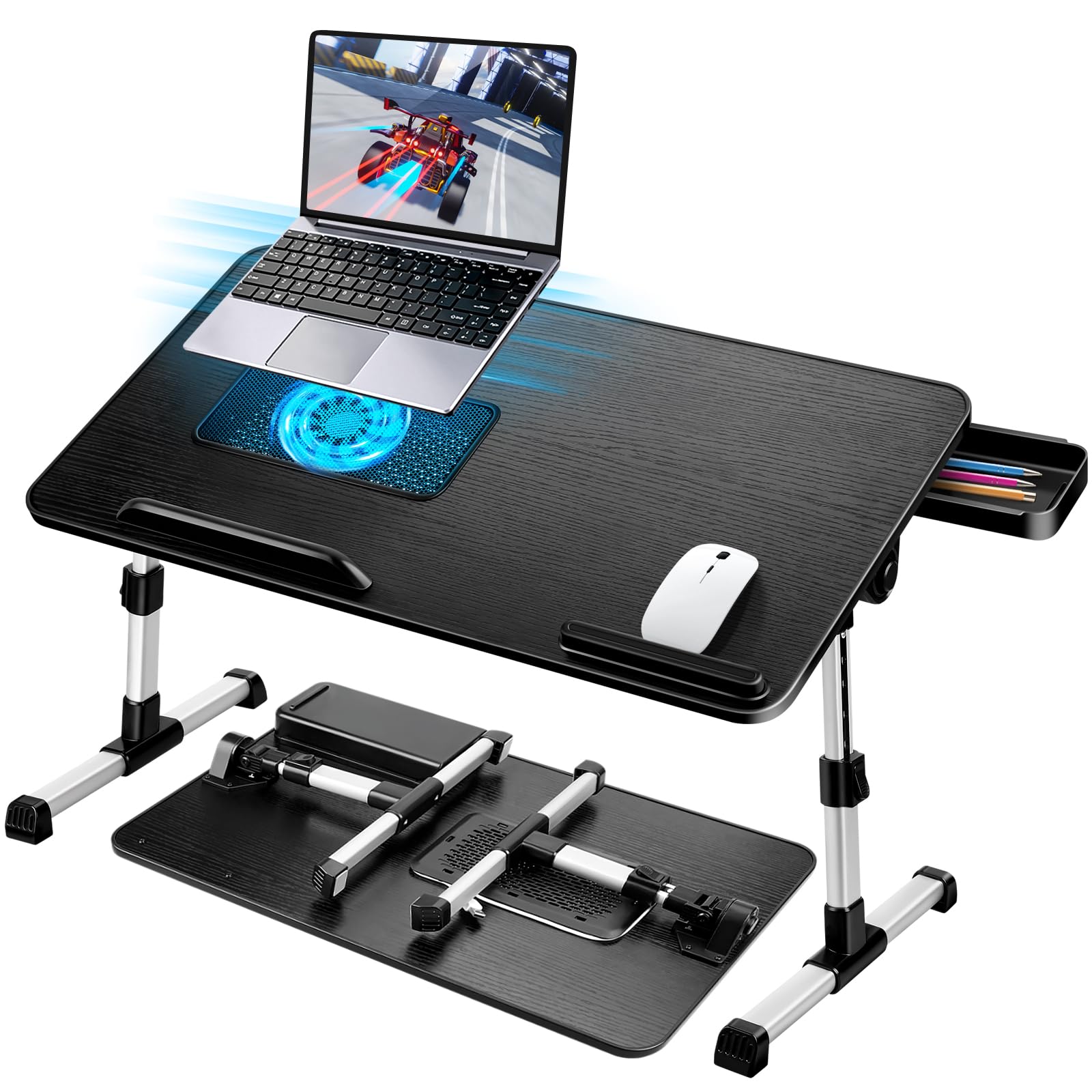 Adjustable Laptop Lap Desk with Cooling Fan & Storage Drawer - Ergonomic Bed Table for 17.3