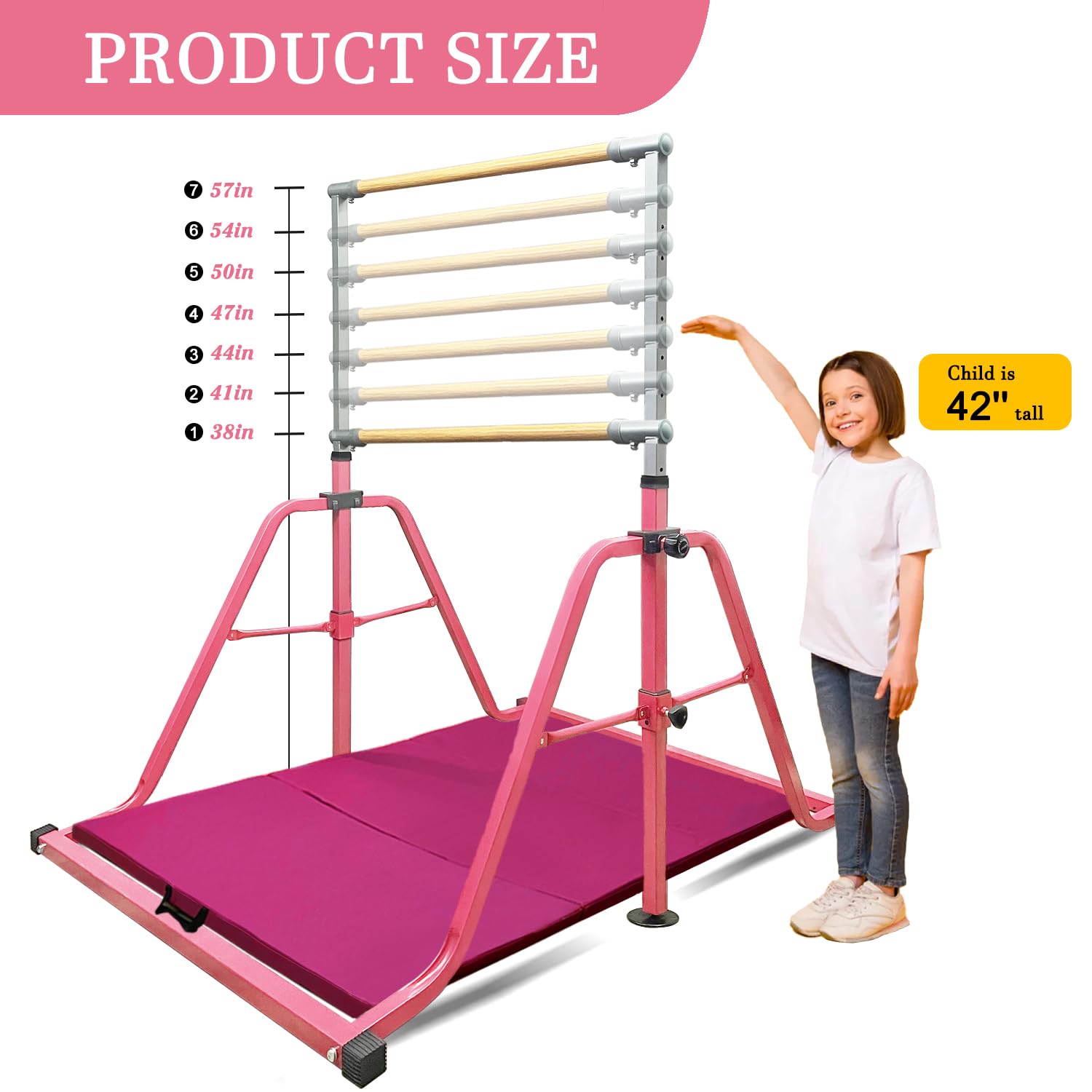 Adjustable Foldable Gymnastics Bar with Rings - 3' to 5' Height Junior Kip Bar for Home & Indoor Training - Perfect for Kids' Gymnastics Practice, Strength Training & Playtime Activities