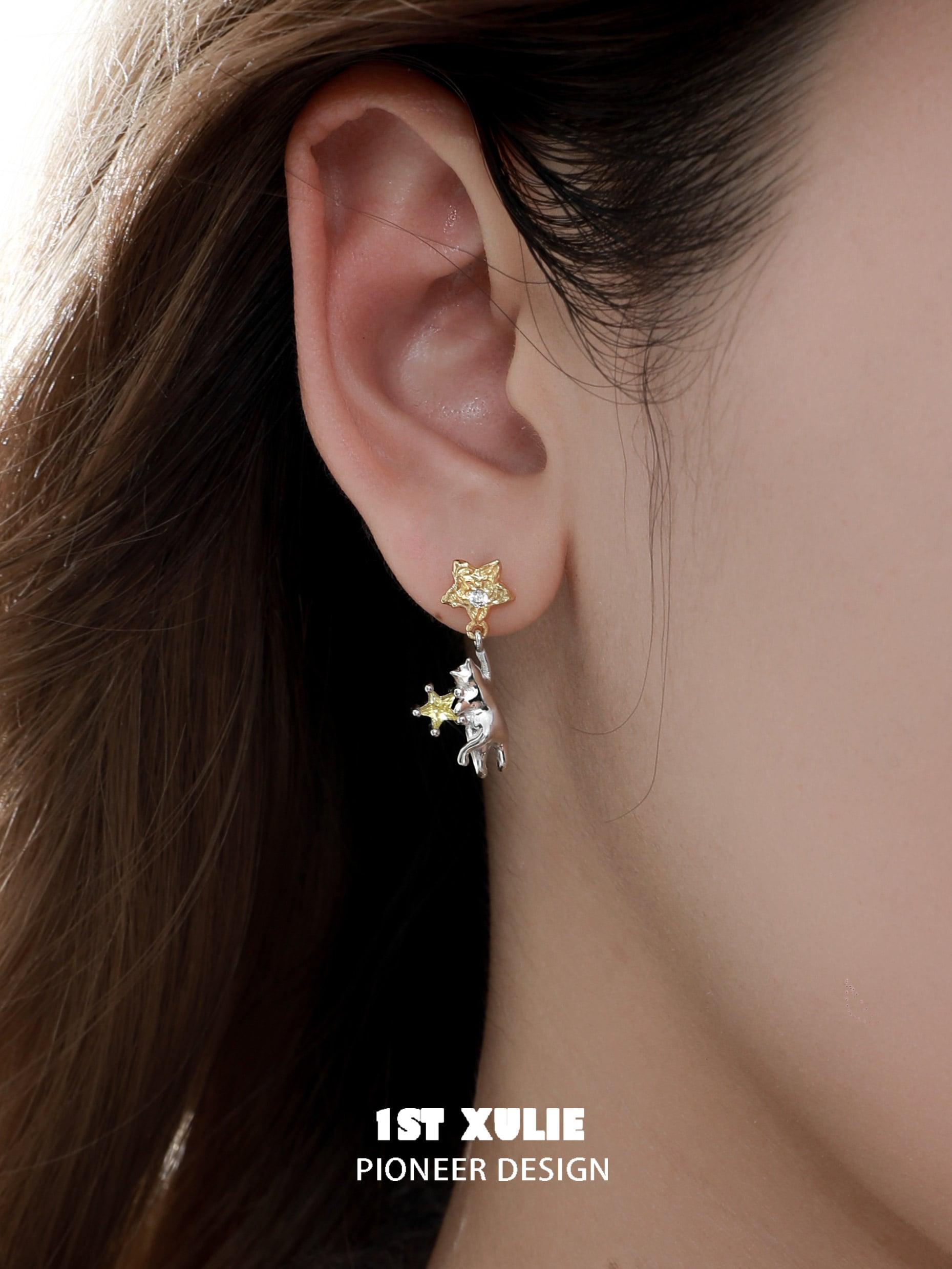 CAT'S GAZE S925 Sterling Silver Zirconia Cat Dangle Earrings - Elegant Jewelry for Women, Perfect Gift for Cat Lovers & Everyday Wear