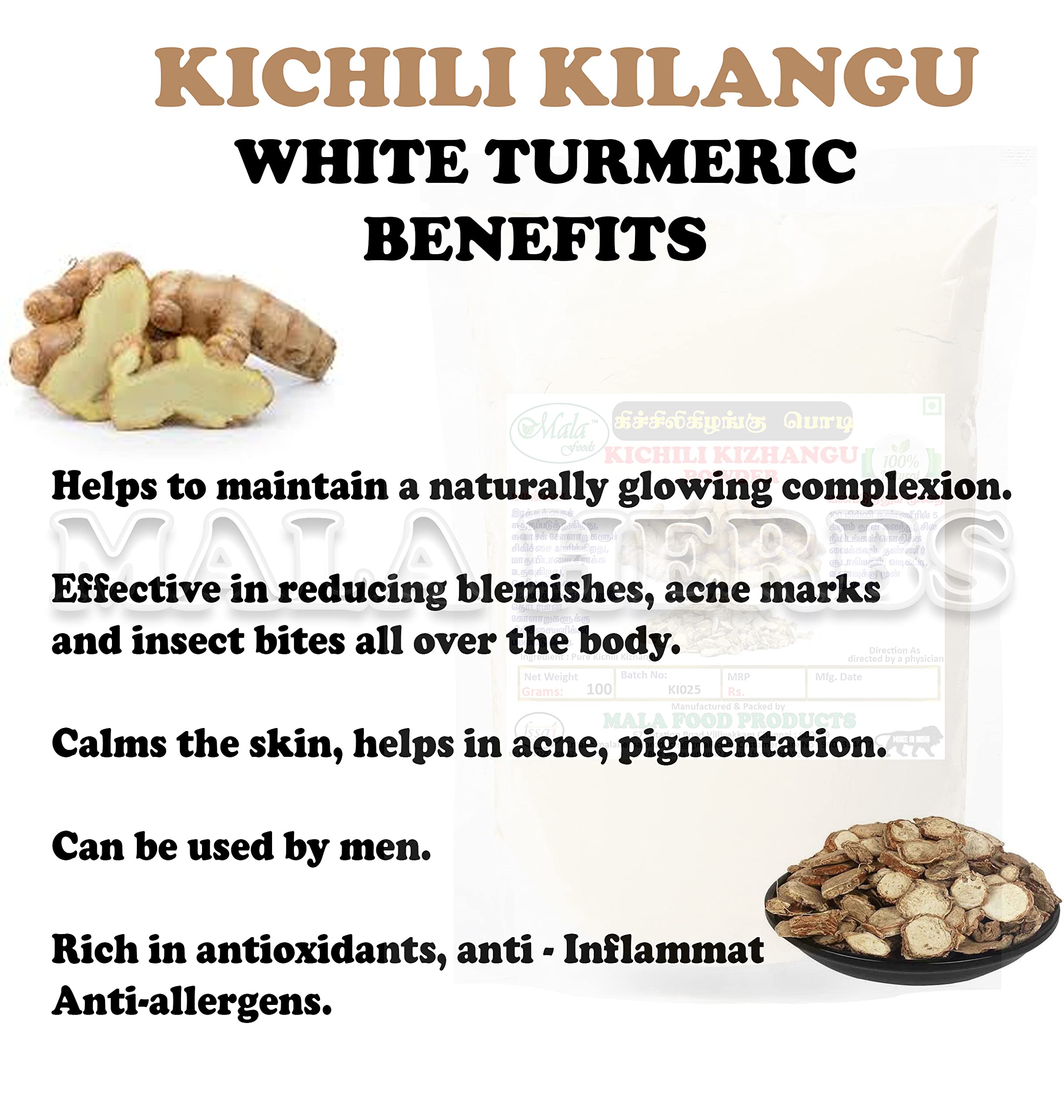 Organic Mala PoolanKilangu Powder (100g) | Premium White Turmeric Powder | Kichili Kilangu & Zedoary Root Powder | Natural Ayurvedic Remedy for Digestion & Skin Care | Perfect for Cooking, Tea & Beauty Routines