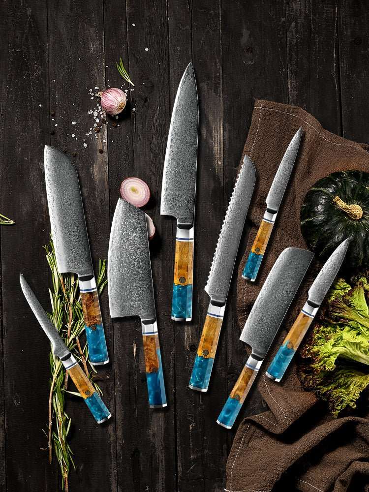 Premium VG10 Damascus Steel 8-Piece Japanese Knife Set with Exotic Olive Burl Wood & Resin Handle - Perfect for Professional Chefs & Home Cooking Enthusiasts