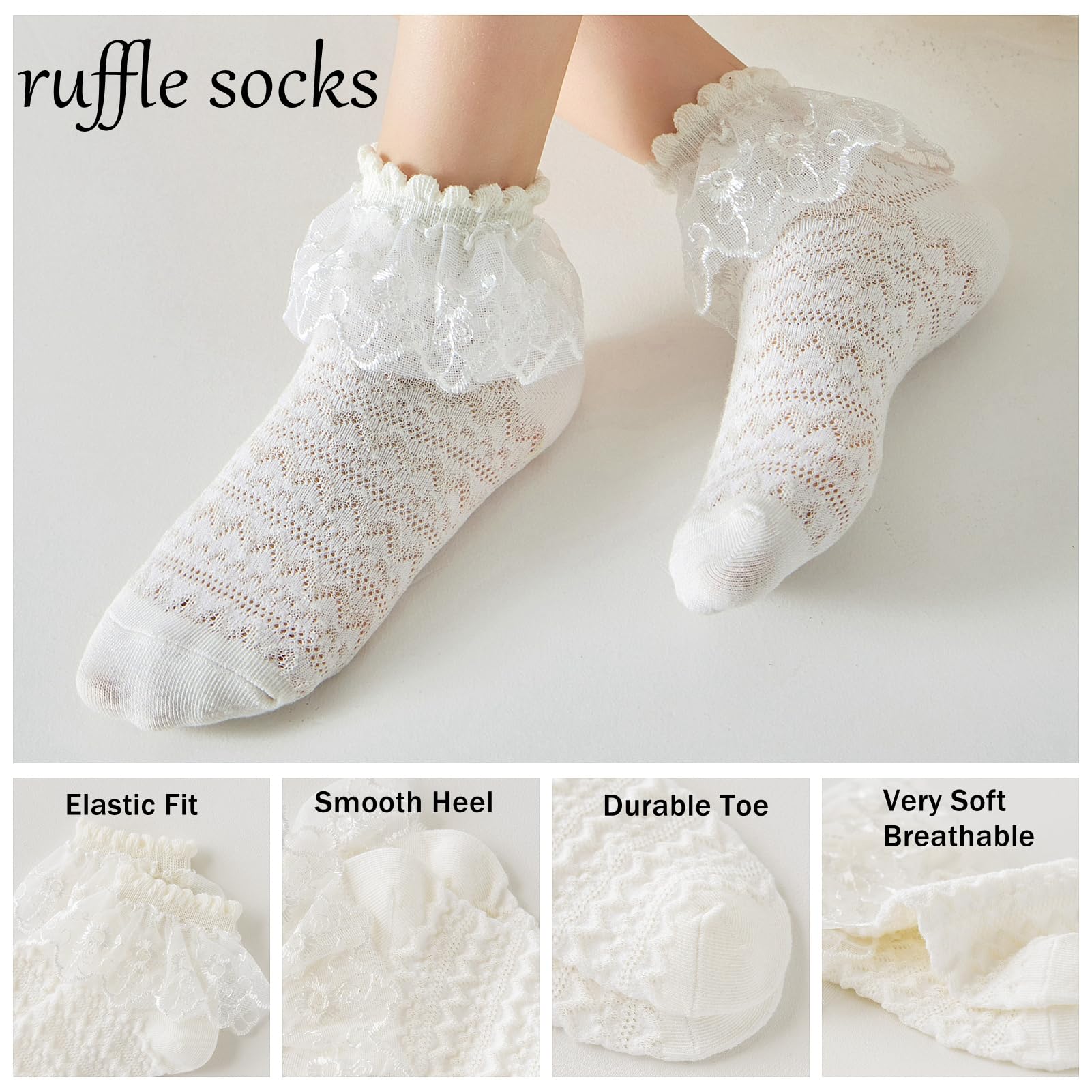 5 Pairs Girls Mesh Ruffle Lace Trim Cotton Socks - Frilly Ankle Socks for Toddler Girls - Princess Style Dress Socks - Perfect for Parties, School & Special Occasions