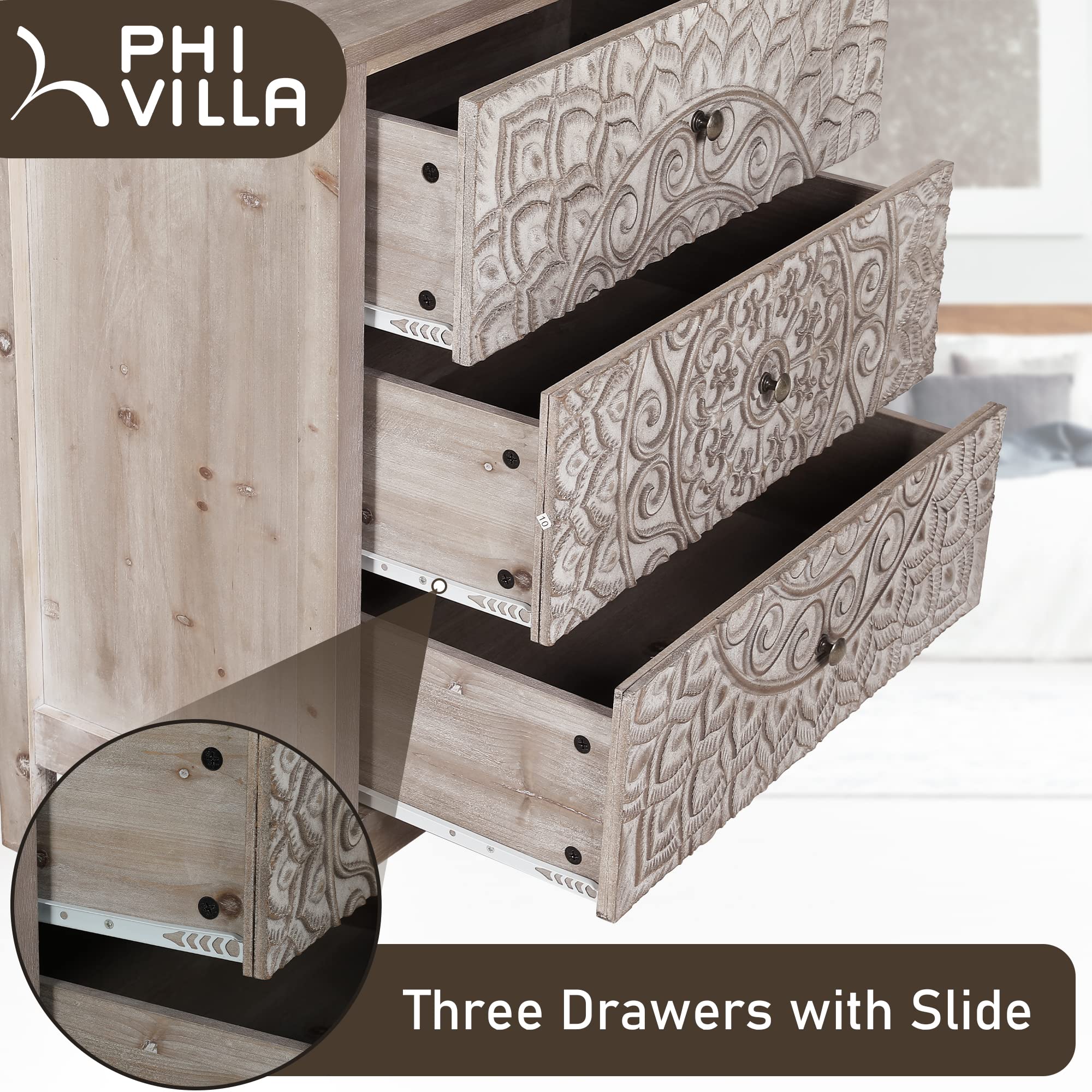 PHI VILLA Rustic Farmhouse Accent Cabinet with 3 Drawers - Entryway Storage Chest, Dresser for Bedroom, Living Room & Hallway Organization | Solid Wood Chest of Drawers for Home Decor