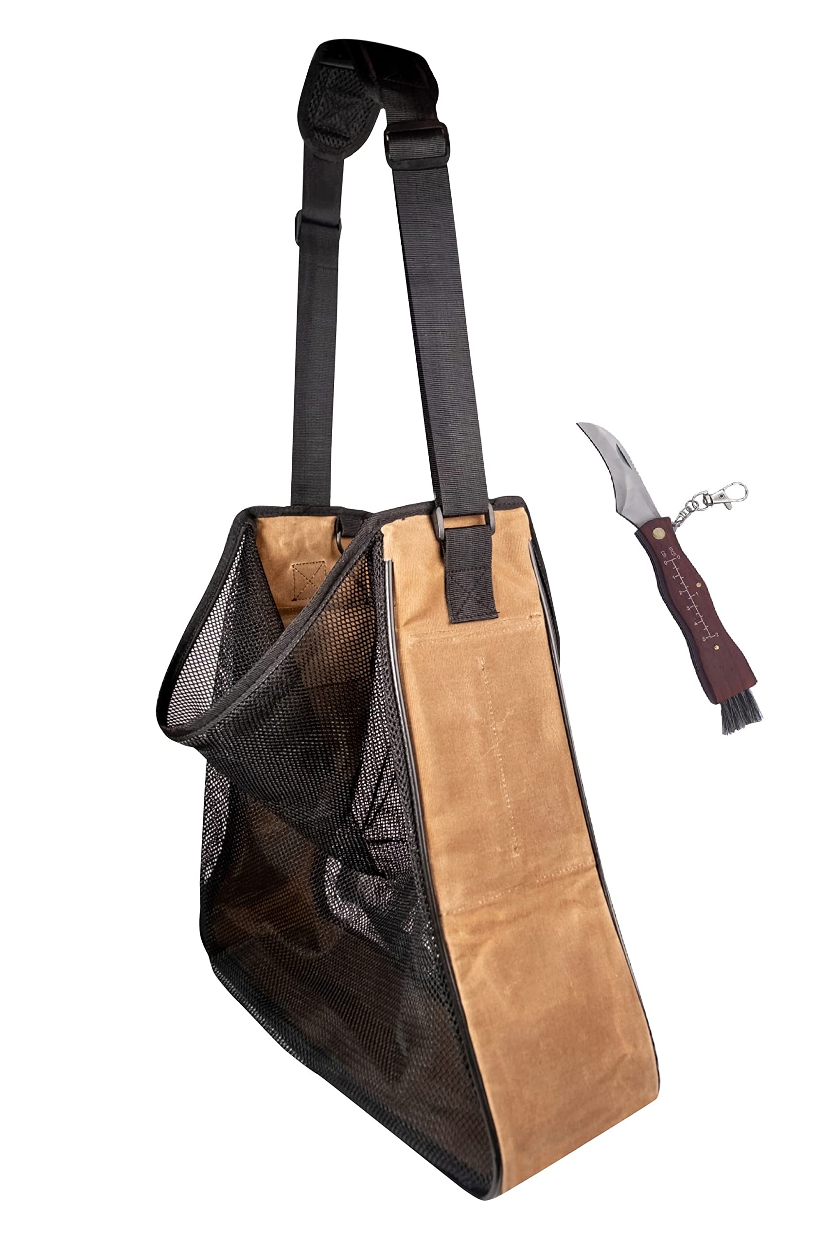 Premium Waxed Canvas & Mesh Mushroom Foraging Bag with Multiple Pockets - Durable Fruit & Vegetable Harvesting Tote - Ideal for Farmers Markets, Wildcrafting & Outdoor Adventures (Carob Brown with Redwood Knife)