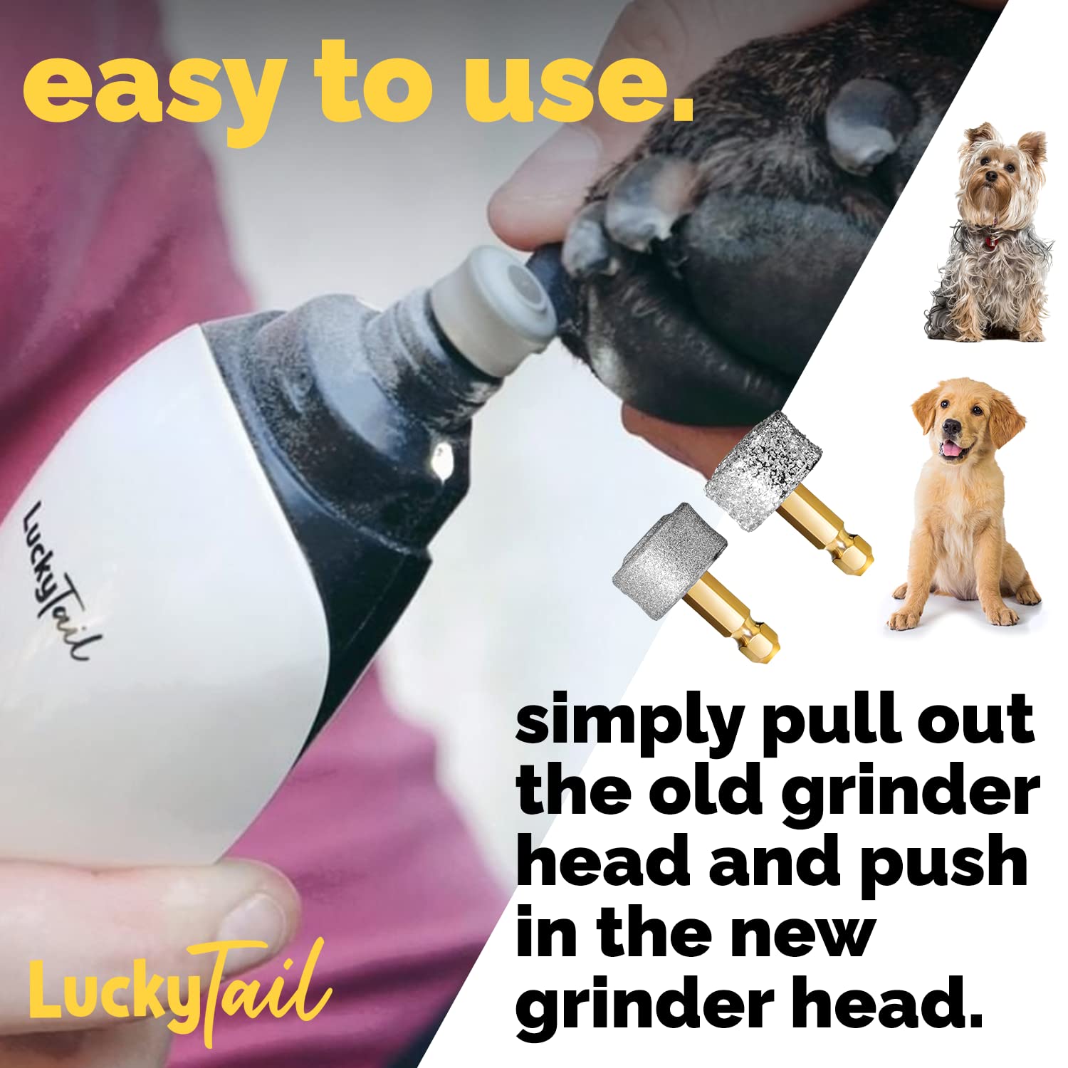 LuckyTail Dog Nail Grinder for Small & Large Dogs - Professional Pet Grooming Tool Kit with Diamond Tip Drill Bit & Hard/Soft Replacement Heads (2 Pack) - Safe & Gentle Nail Trimmer for Puppies & Adult Dogs - Perfect for Home Grooming & Vet Clinics