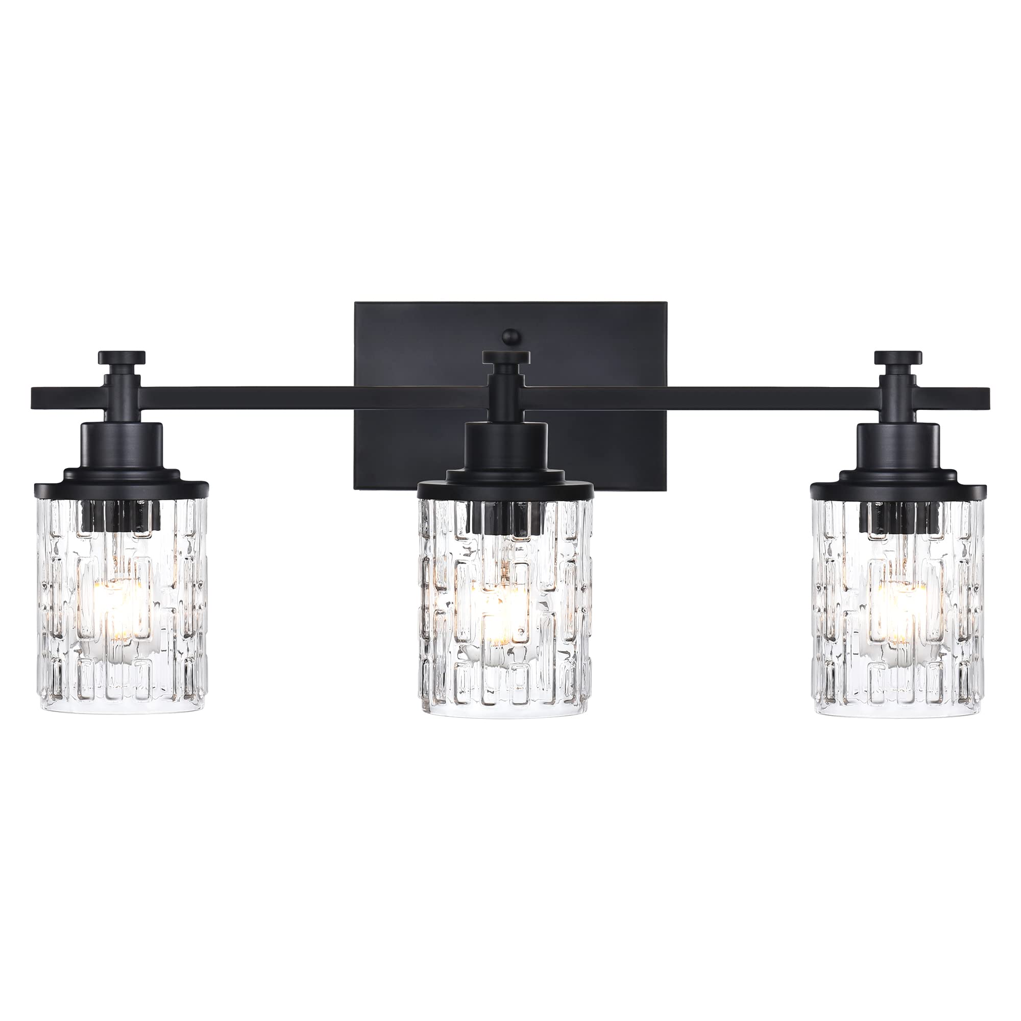 MELUCEE 3-Light Black Modern Bathroom Vanity Light with Clear Grid Glass Shade - Farmhouse Wall Sconce for Bathroom Mirror, Kitchen, Porch & Workshop (E26 Base) - Perfect for Vintage & Contemporary Home Decor