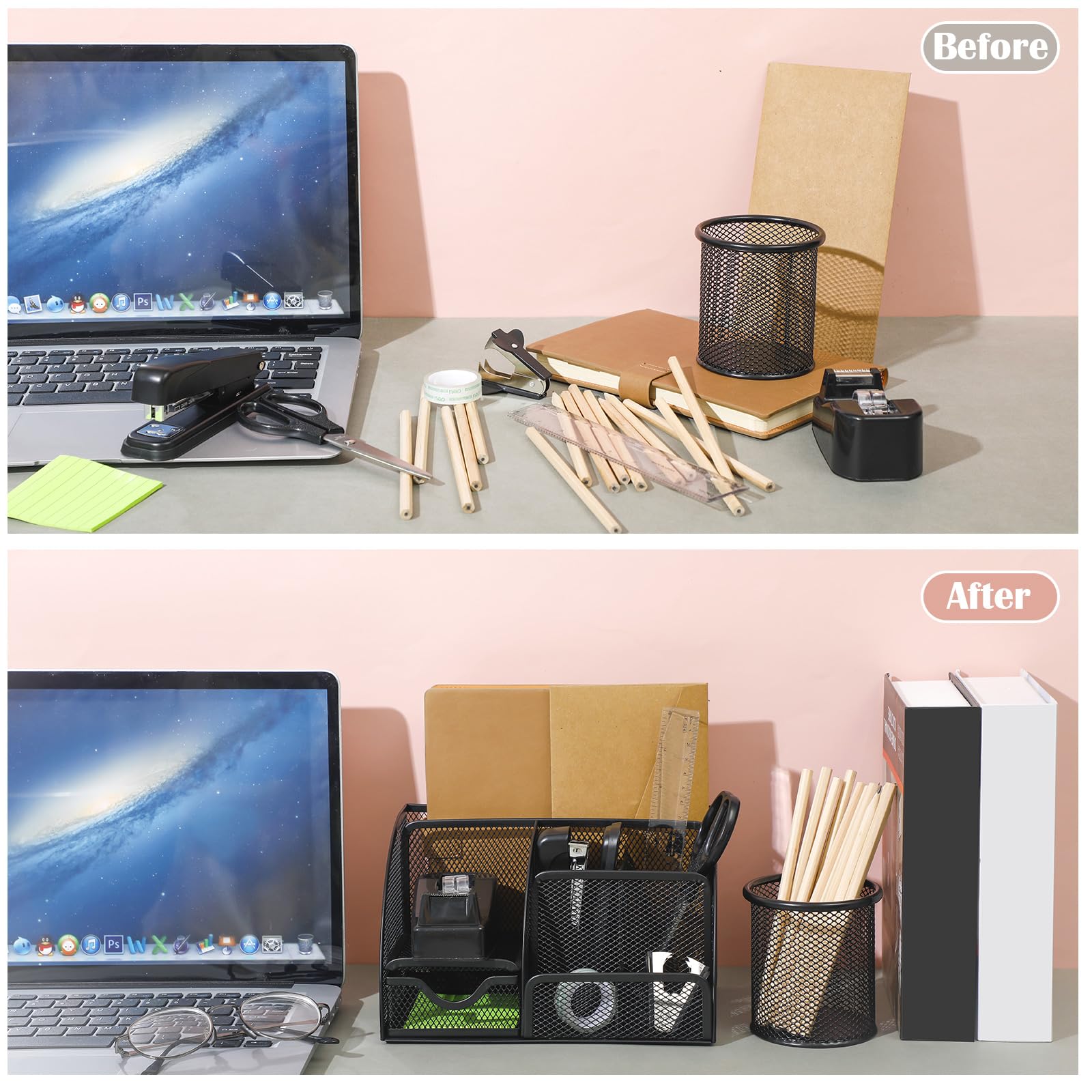 Premium Black Desk Organizer Set with Mesh Tray, Stapler (1000 Staples), Tape Dispenser, Pen Holder & Office Essentials - Perfect for Home Office, Workspace Organization & Productivity Boost