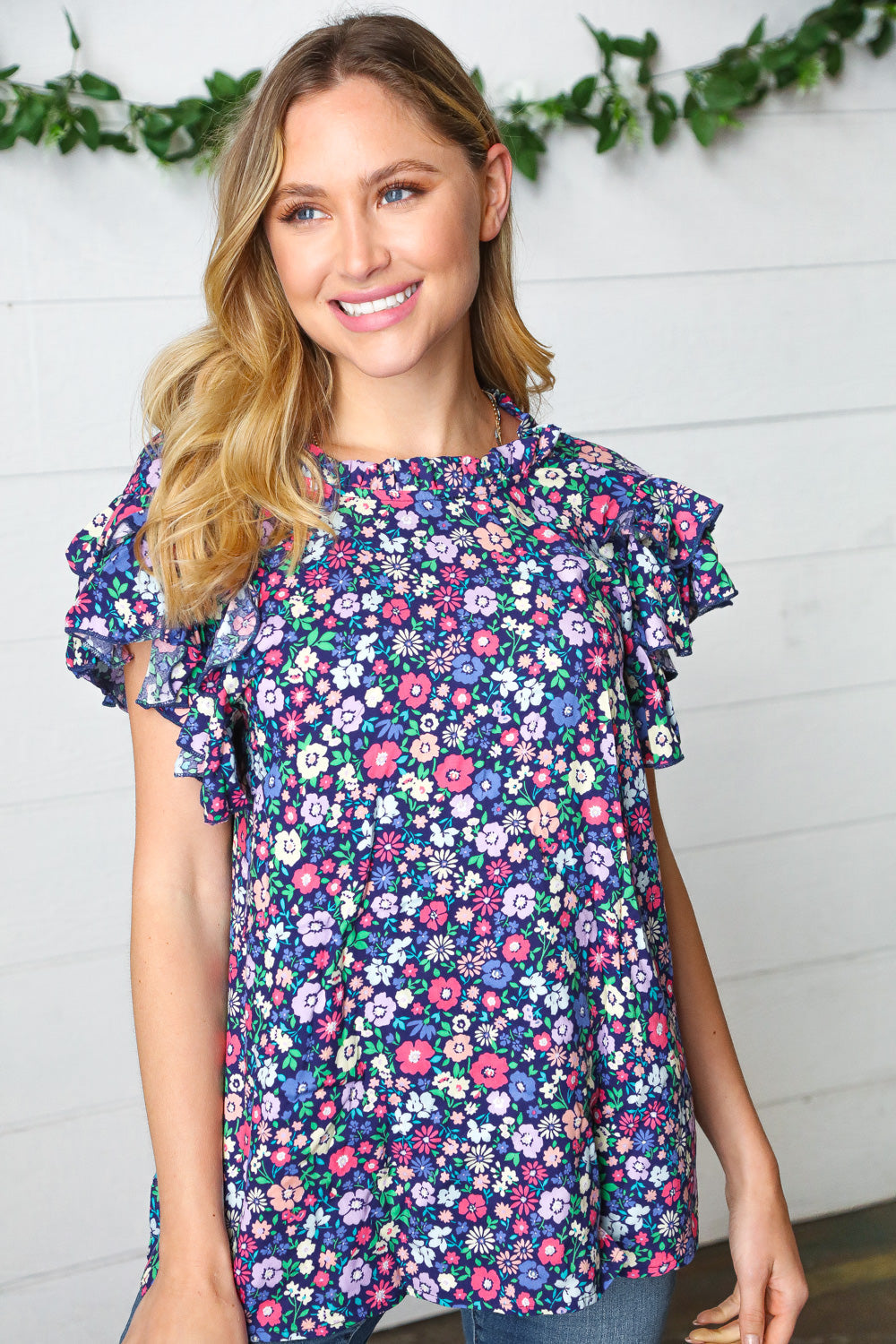 Navy Floral Print Mock Neck Flutter Sleeve Blouse for Women | Elegant Summer Tops for Office, Date Night & Casual Outings