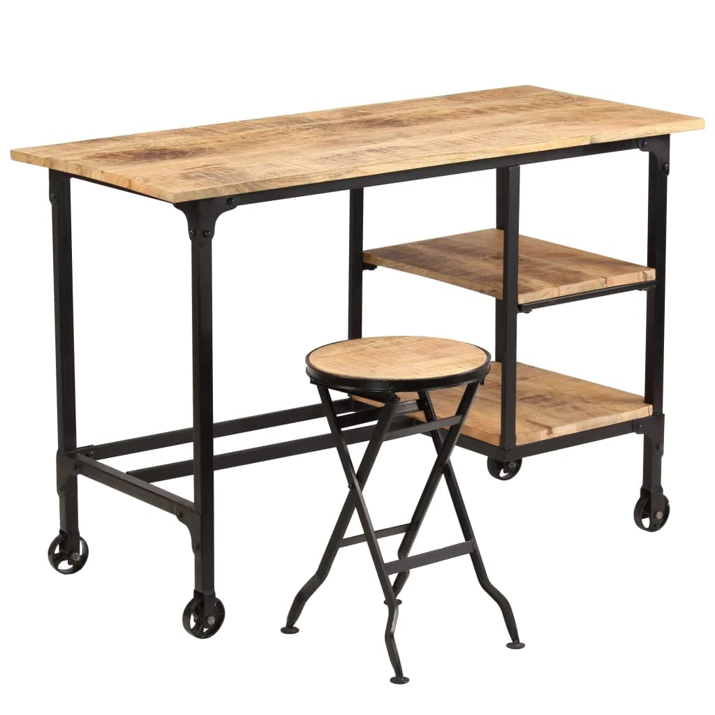 Solid Mango Wood Desk with Folding Stool - Sturdy Home Office Desk for Computer Work, Study & Reading | Perfect for Bedroom, Living Room & Workspace | Durable Wooden Writing Table with Storage Shelf
