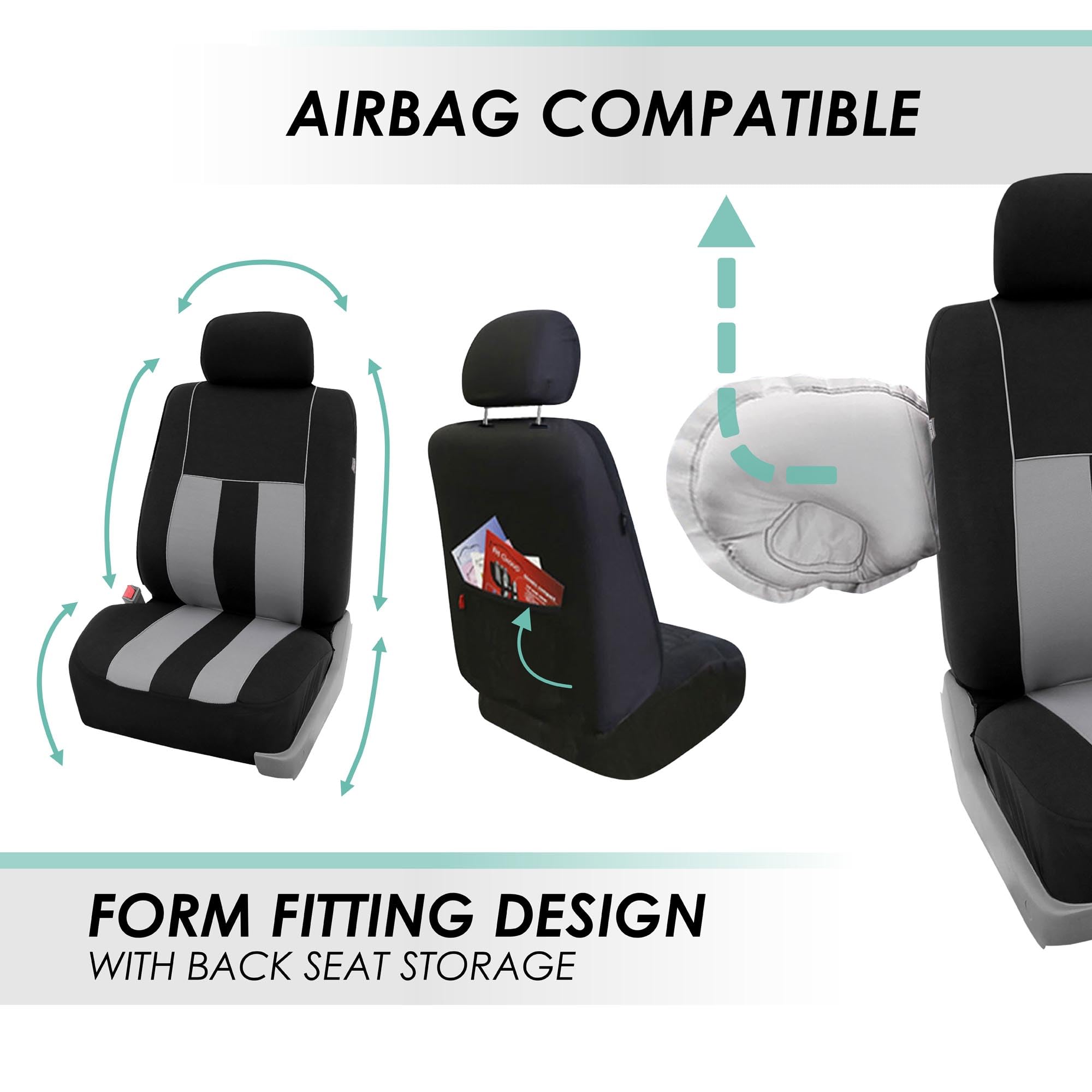 FH Group Universal Low Back Car Seat Covers Front Set - Breathable Cloth Seat Protectors with Removable Headrest | Airbag Compatible Automotive Seat Covers for SUV, Sedan, Van (Gray) | Perfect for Daily Commute, Road Trips & Vehicle Protection