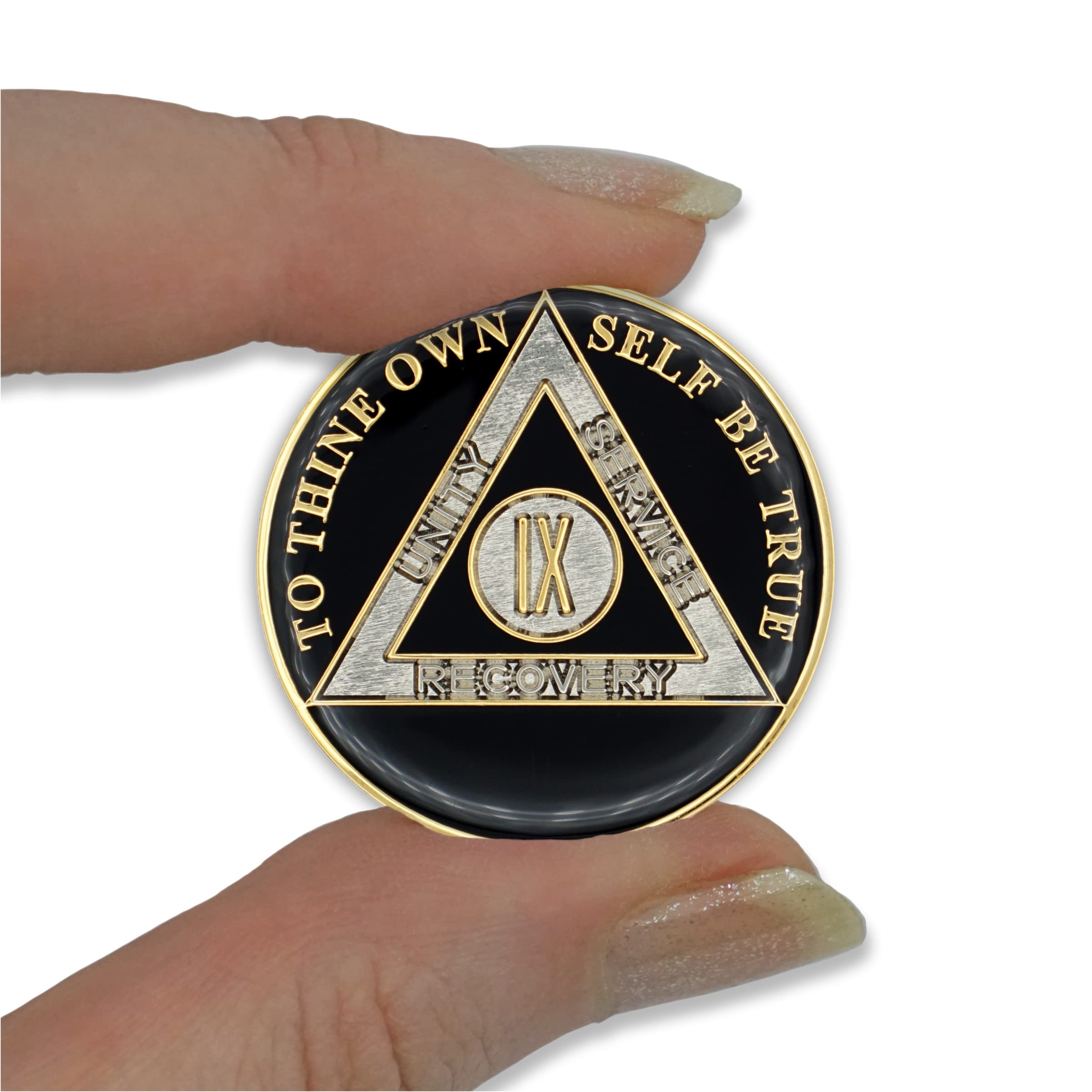 9 Year Sobriety Coin - Triplate AA Chip Recovery Anniversary Token (Black) | Celebrate Sobriety Milestones & 12-Step Program Achievements
