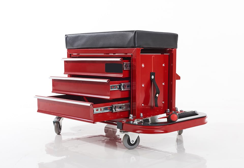 Sharper Image Rolling Toolbox Stool - Portable 3-in-1 Workbench Seat with Wheels & Storage for Garage, Workshop, DIY Projects | Heavy Duty Mobile Tool Stool for Mechanics, Carpenters, Home Improvement