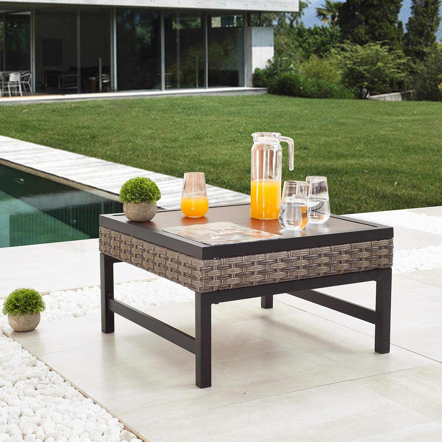 Festival Depot Patio Coffee Table - Square Metal Frame with Wicker & Wood Grain Top Rattan Outdoor Furniture for Bistro, Deck, Garden & Poolside Relaxation