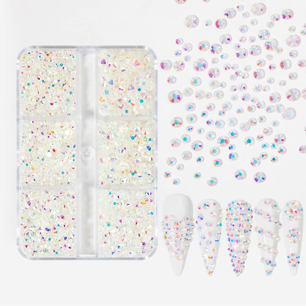 Premium Nail Art Crystal Rhinestone Set - Flat Bottom Round Nails Gemstone Decorations for DIY Manicure & Acrylic Nails (Clear AB) | Perfect for Salon, Home Nail Art, and Party Glam Looks